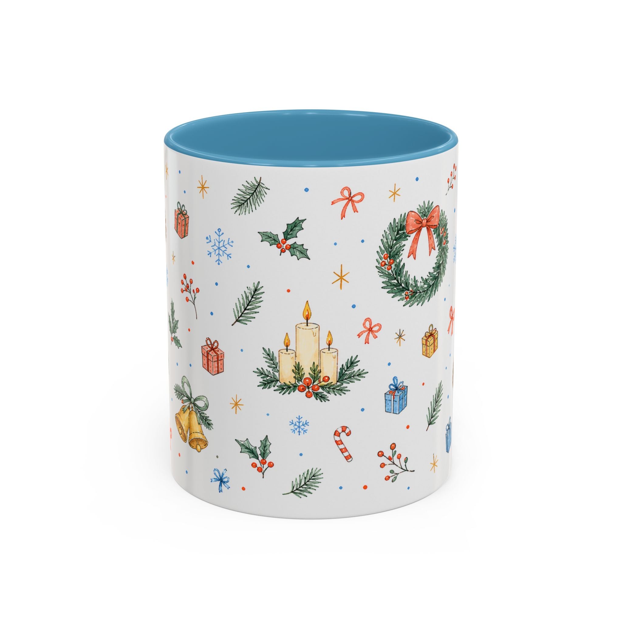 Christmas Candle Mug | Holly Wreath Watercolor Holiday Gift | Accent Cup 11oz 15oz