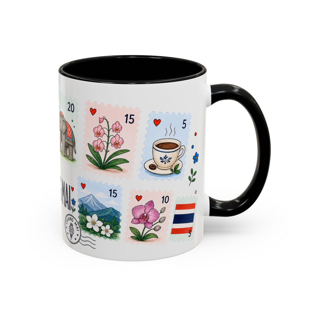 Chiang Mai Coffee Mug | Postage Stamp Collage Mug | Travel Souvenir Accent Cup 11oz 15oz