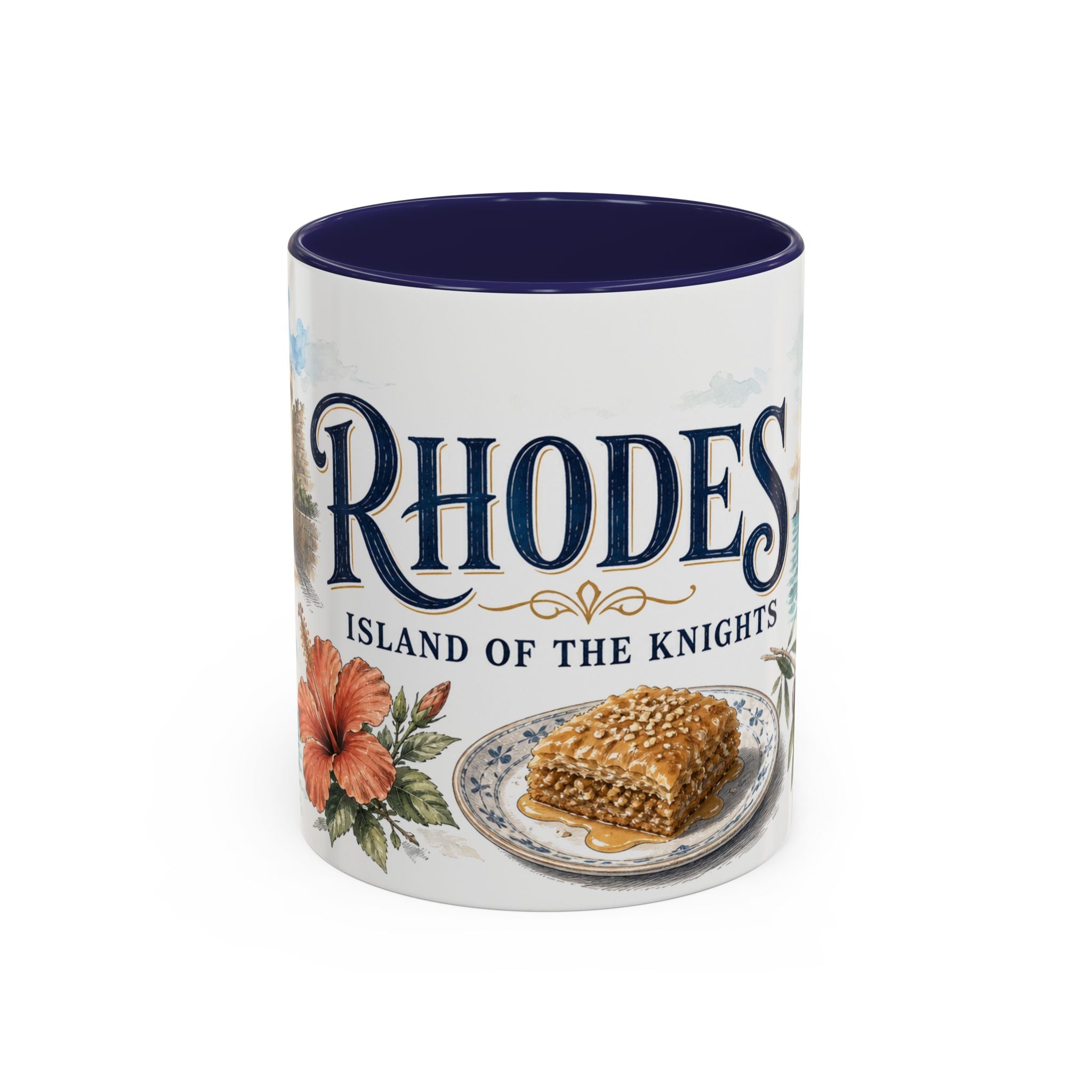 Rhodes Coffee Mug | Greece Travel Souvenir | Vintage Illustrated City Gift | 11 oz 15 oz Accent Mug