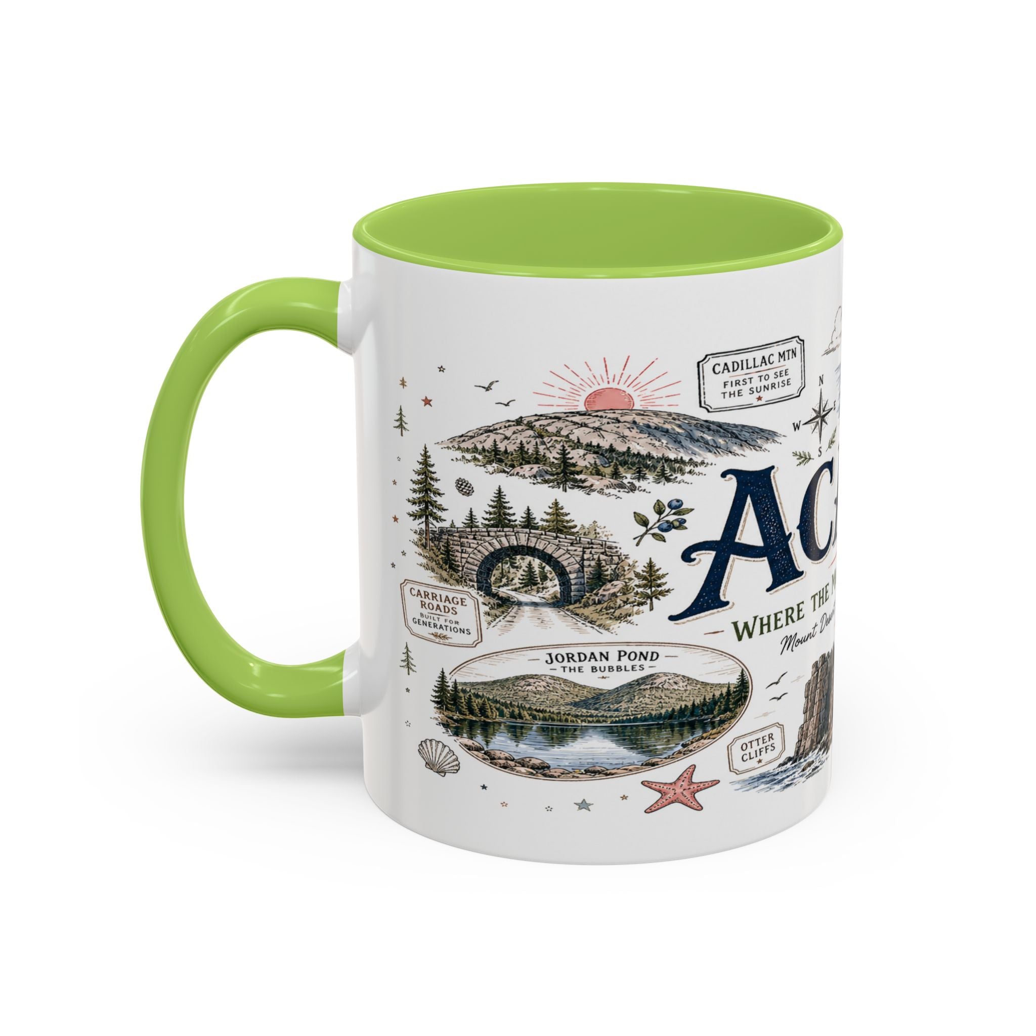 Acadia Coffee Mug | National Park Hiking Coastal Gift | Accent Color Ceramic 11oz 15oz