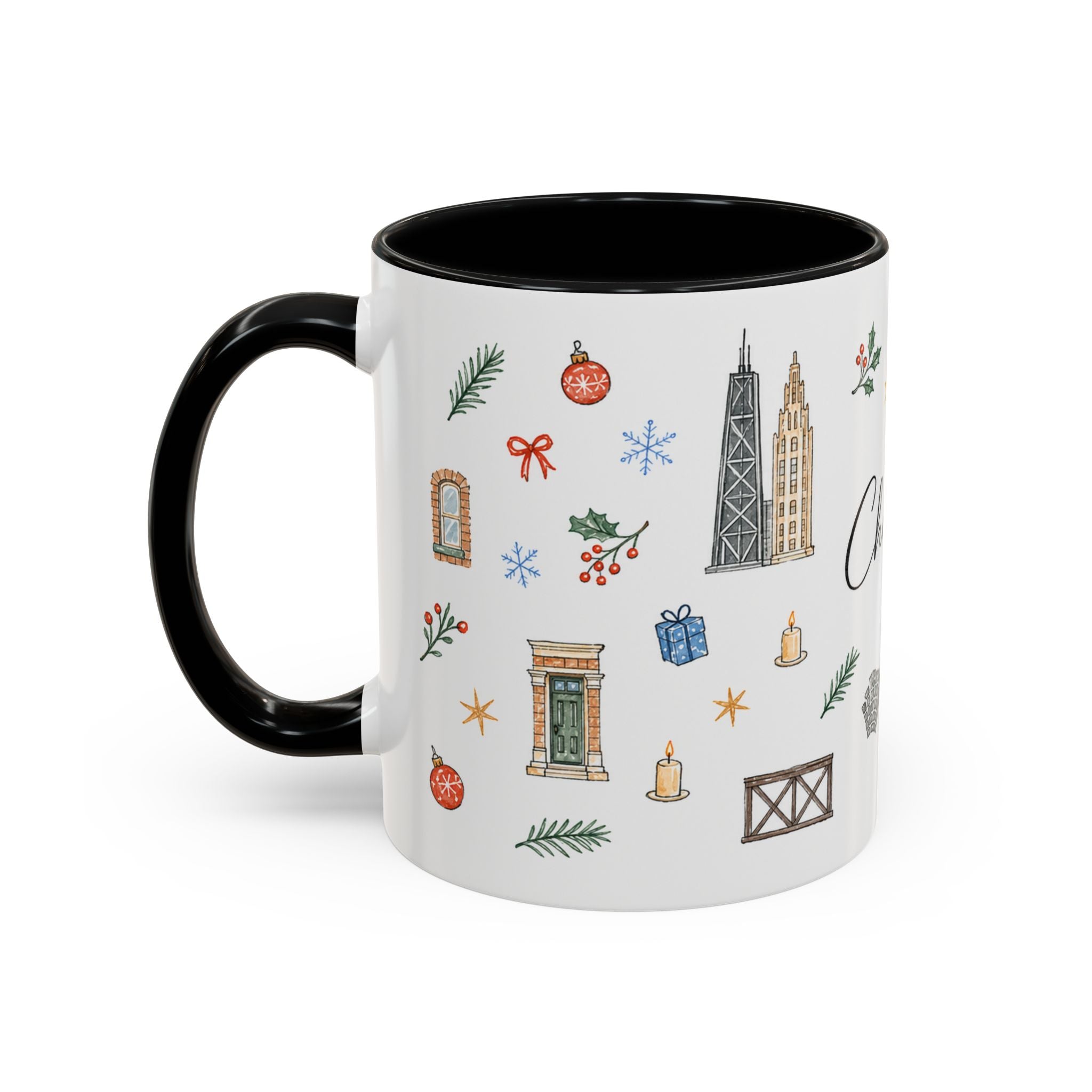 Chicago Christmas Mug | Watercolor Travel Souvenir | Holiday Gift | Accent Ceramic Coffee Cup 11oz 15oz