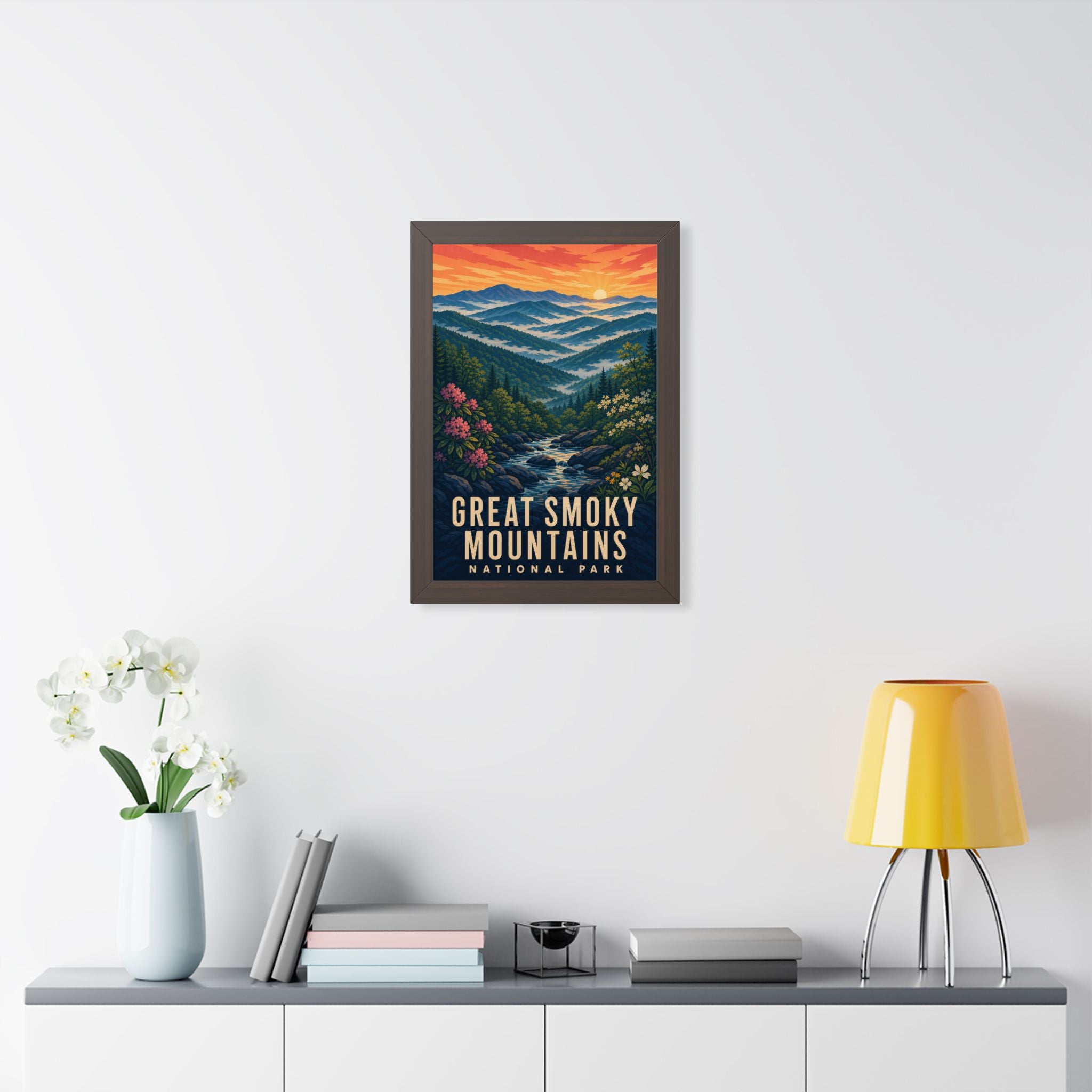 Great Smoky Mountains National Park Framed Poster | Vintage Travel Wall Art | Black Walnut White Frame | 16x24 20x30
