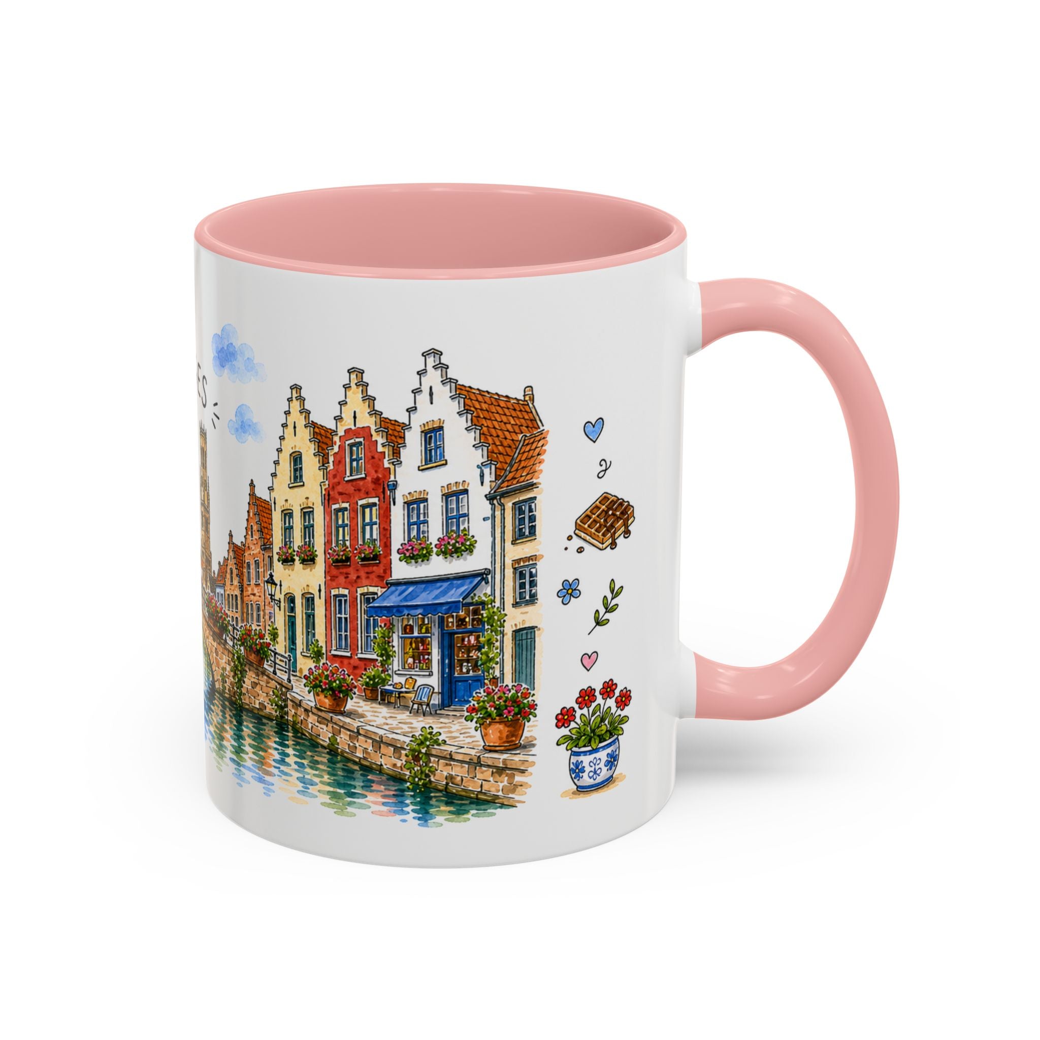Bruges Illustrated Travel Mug | Belgium Souvenir Accent Coffee Mug | 11oz 15oz Ceramic Cup