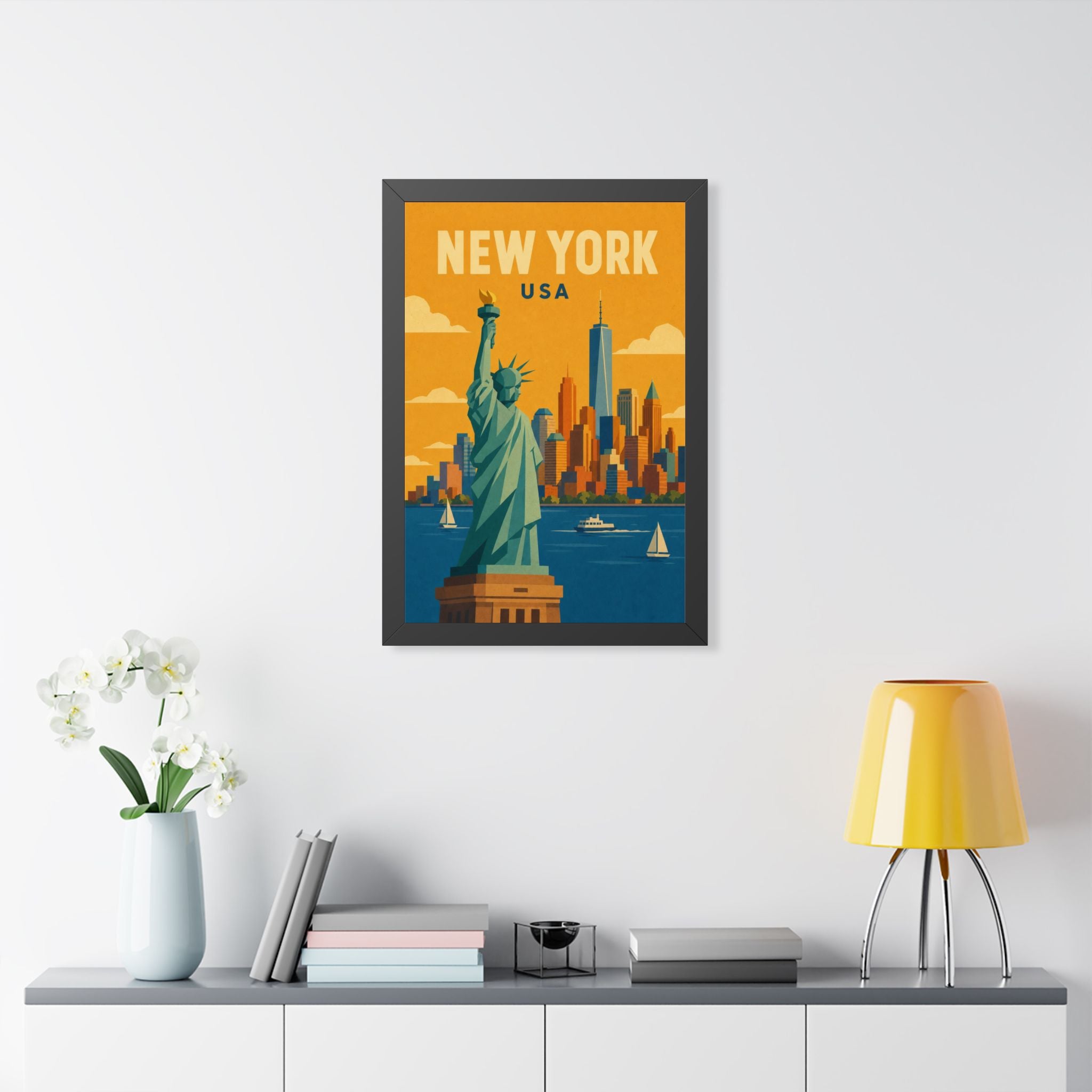 New York Statue of Liberty United States Framed Poster | Vintage Travel Wall Art | Black Walnut White Frame | 16x24 20x30