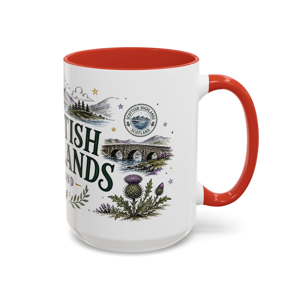Scottish Highlands Coffee Mug | Travel Destination Souvenir Gift | Accent Color Ceramic 11oz 15oz