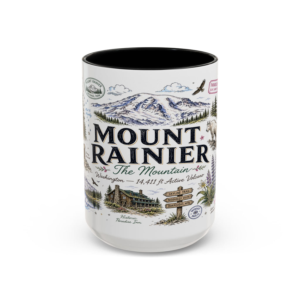 Mount Rainier Coffee Mug | National Park Hiking Washington Gift | Accent Color Ceramic 11oz 15oz