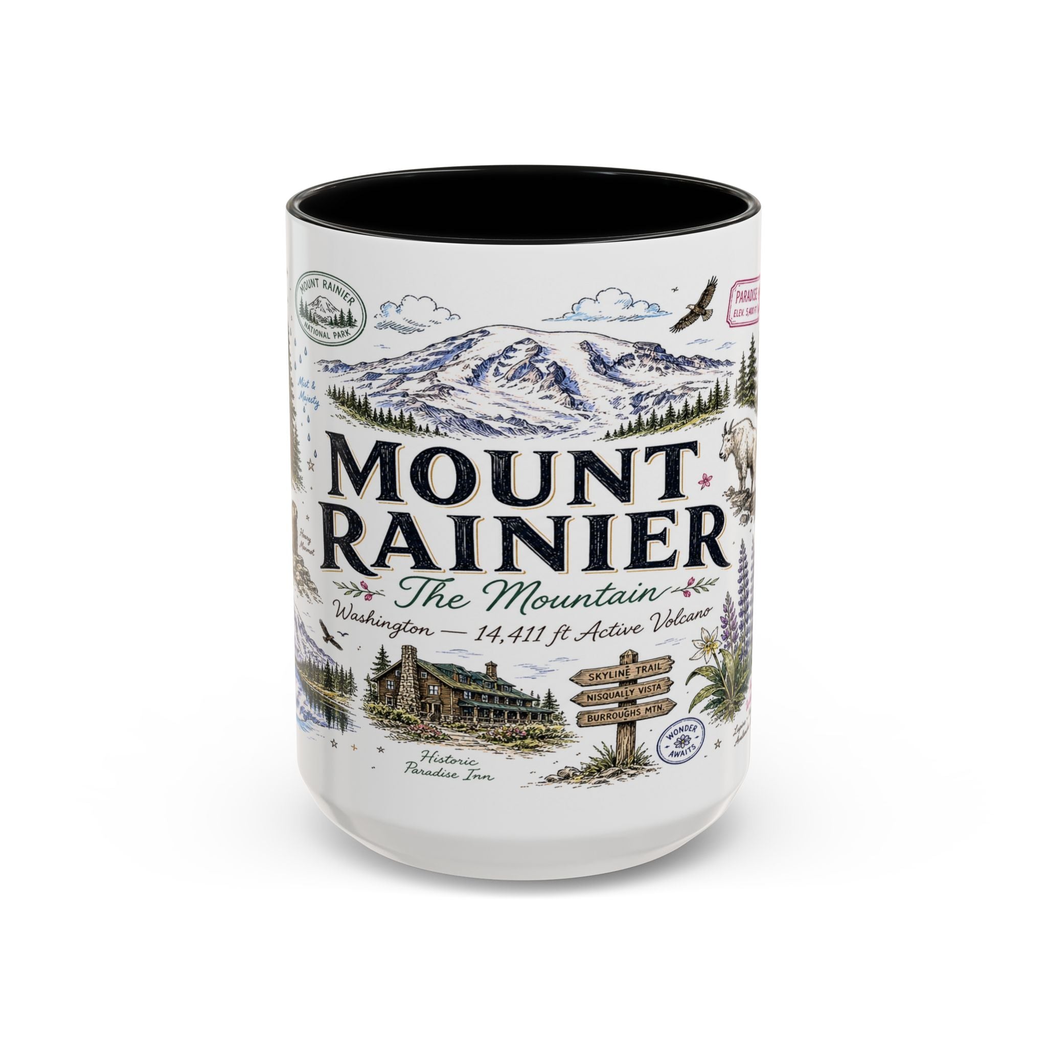 Mount Rainier Coffee Mug | National Park Hiking Washington Gift | Accent Color Ceramic 11oz 15oz