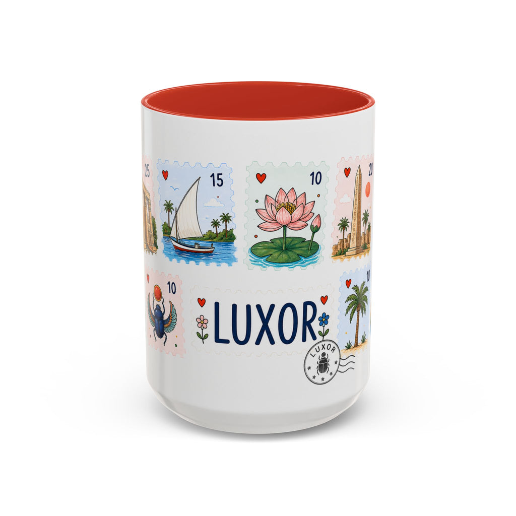Luxor Coffee Mug | Postage Stamp Collage Mug | Travel Souvenir Accent Cup 11oz 15oz