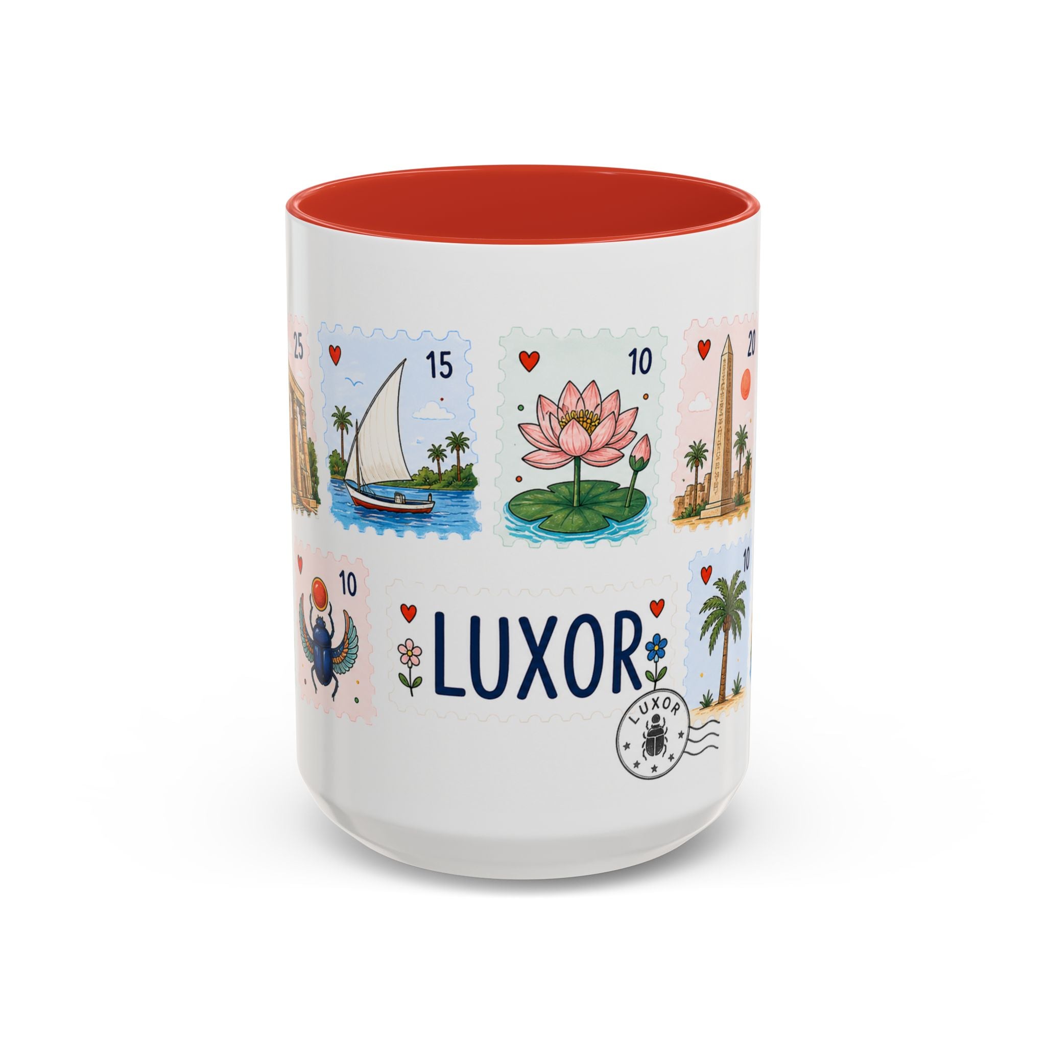 Luxor Coffee Mug | Postage Stamp Collage Mug | Travel Souvenir Accent Cup 11oz 15oz