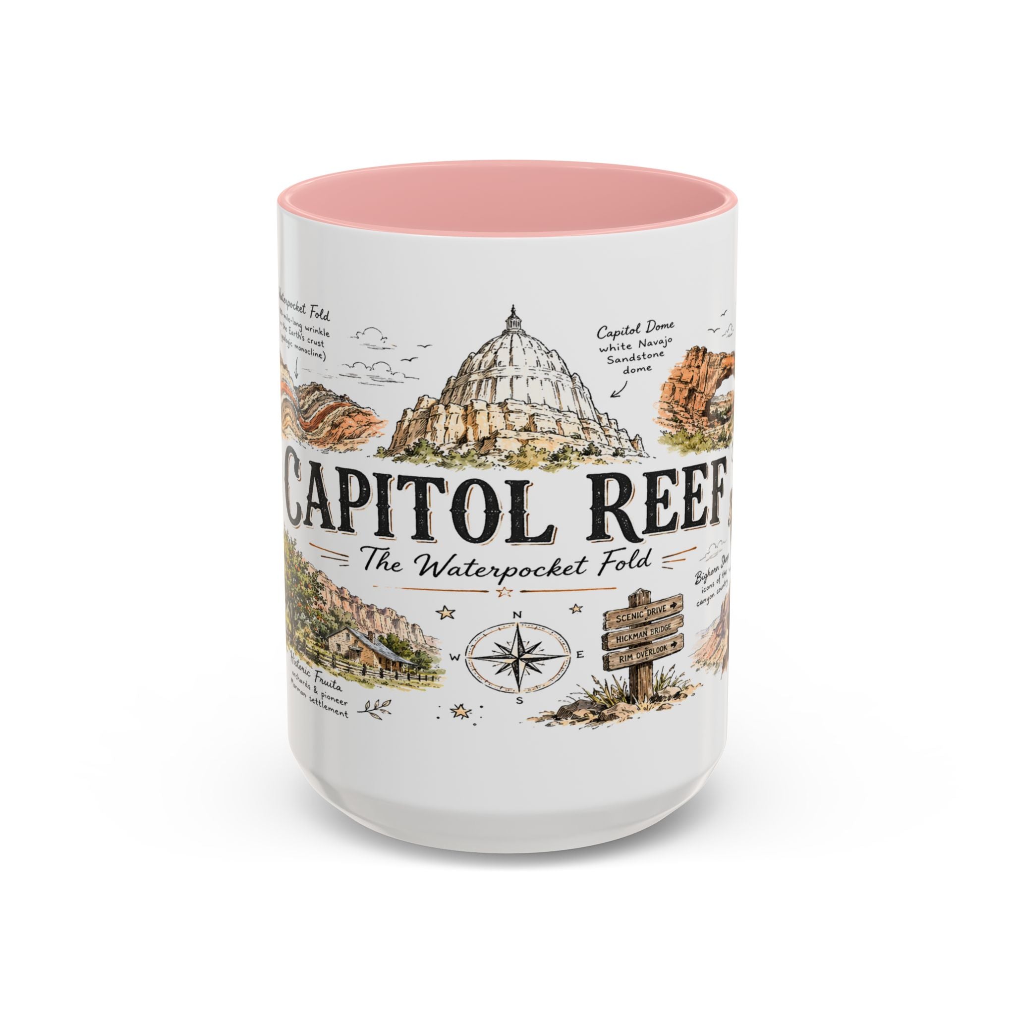 Capitol Reef National Park Coffee Mug | Utah Sandstone Canyon Hiking Gift | Accent Color Ceramic 11oz 15oz