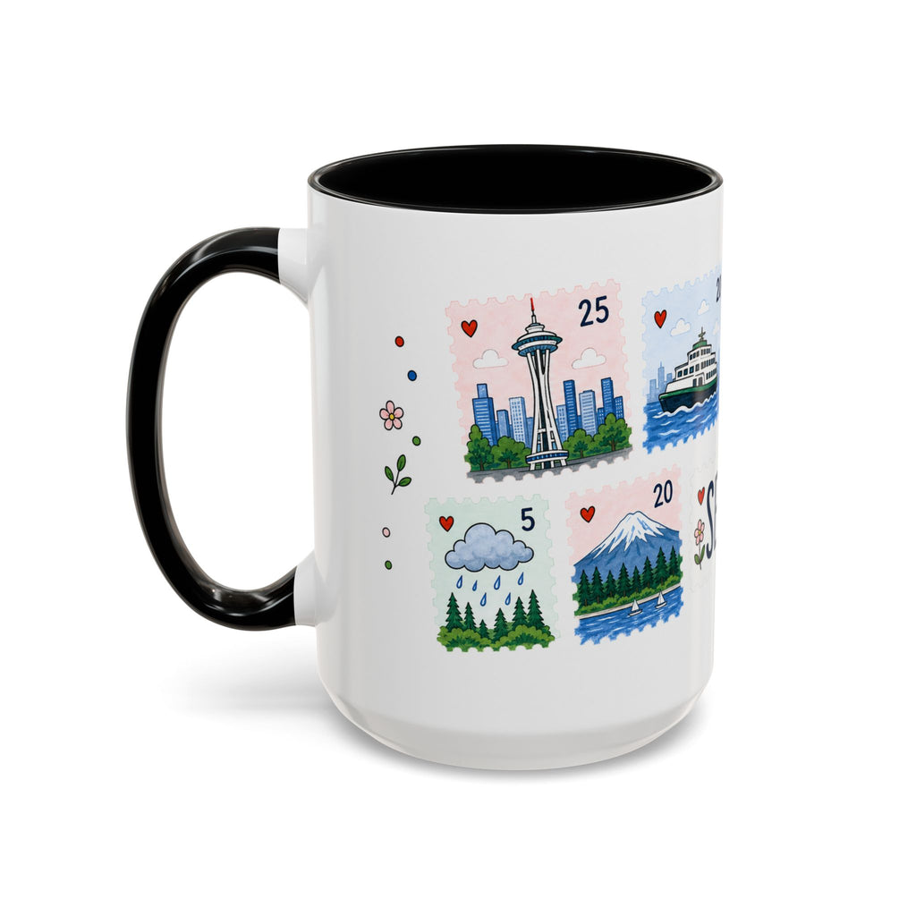 Seattle Coffee Mug | Postage Stamp Collage Mug | Travel Souvenir Accent Cup 11oz 15oz