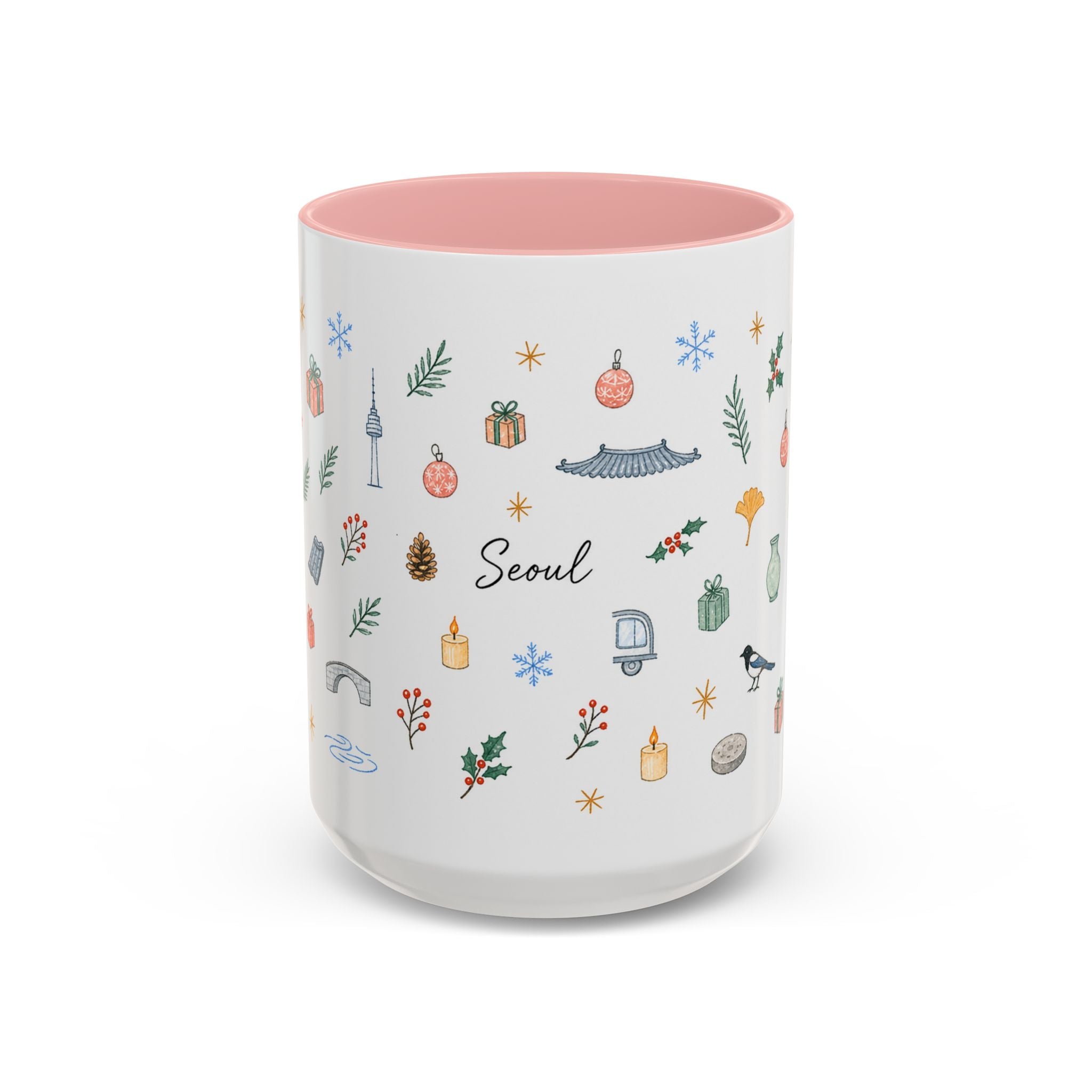 Seoul Christmas Mug | Watercolor Travel Souvenir | Holiday Gift | Accent Ceramic Coffee Cup 11oz 15oz
