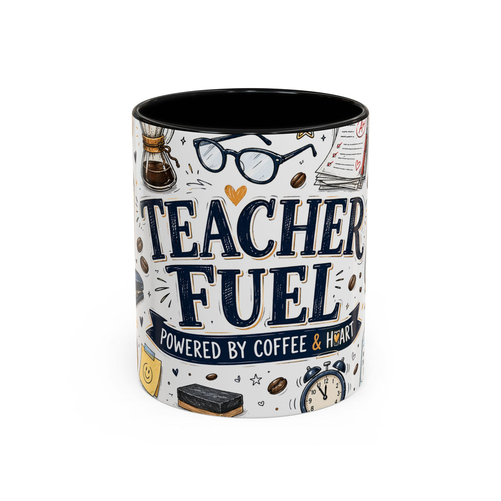 Teacher Fuel Coffee Mug | Powered by Coffee and Wine Funny Gift | Accent Color Ceramic 11oz 15oz