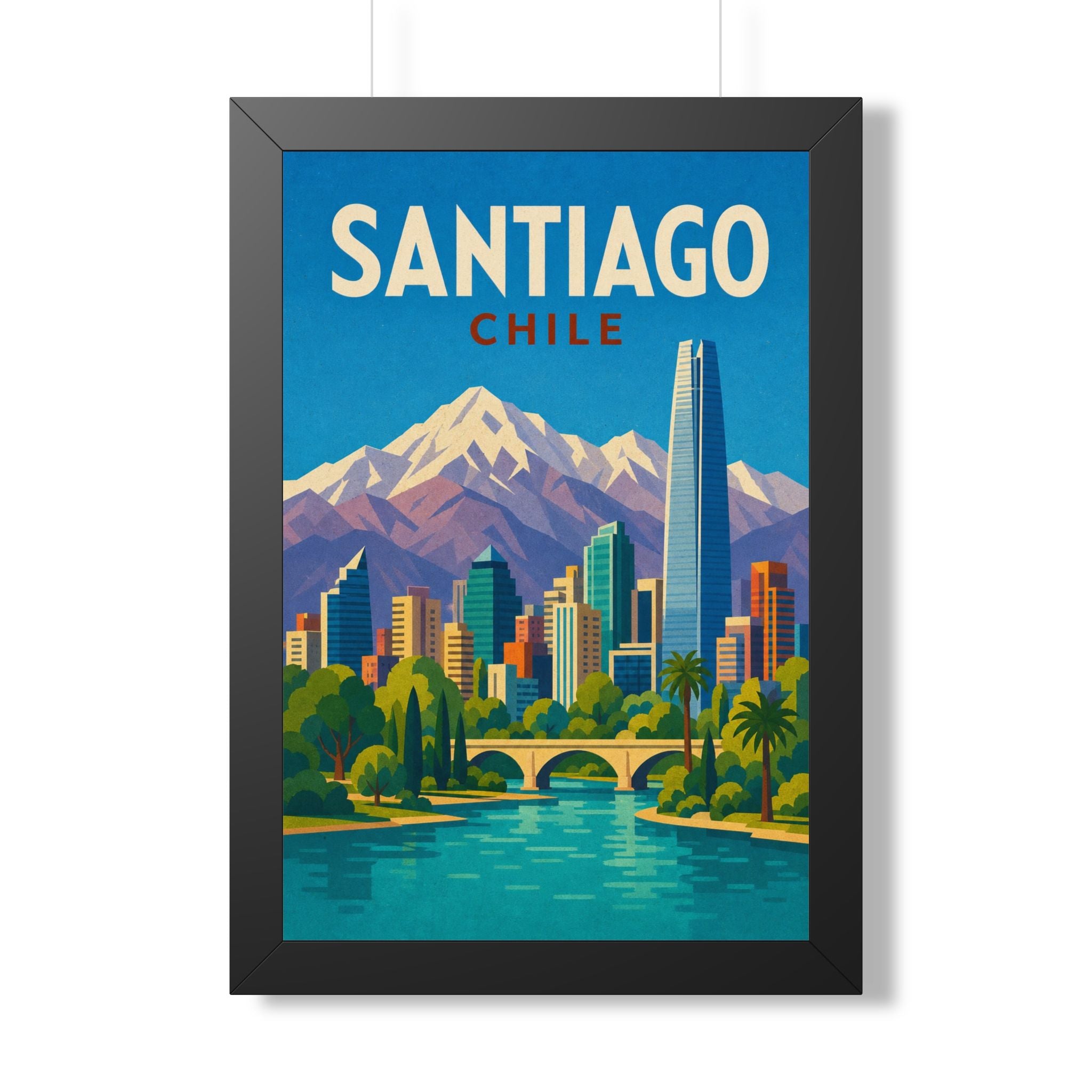Santiago Chile Framed Poster | Vintage Travel Wall Art | Black Walnut White Frame | 16x24 20x30