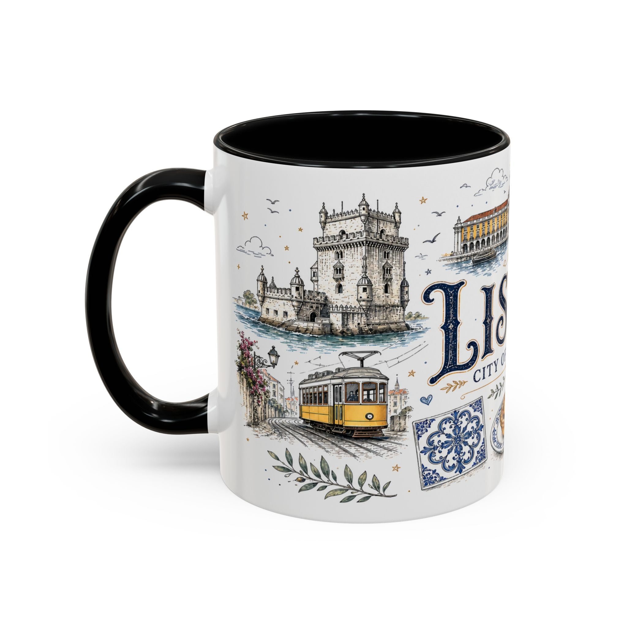Lisbon Coffee Mug | Portugal Travel Souvenir | Vintage Illustrated City Gift | 11 oz 15 oz Accent Mug