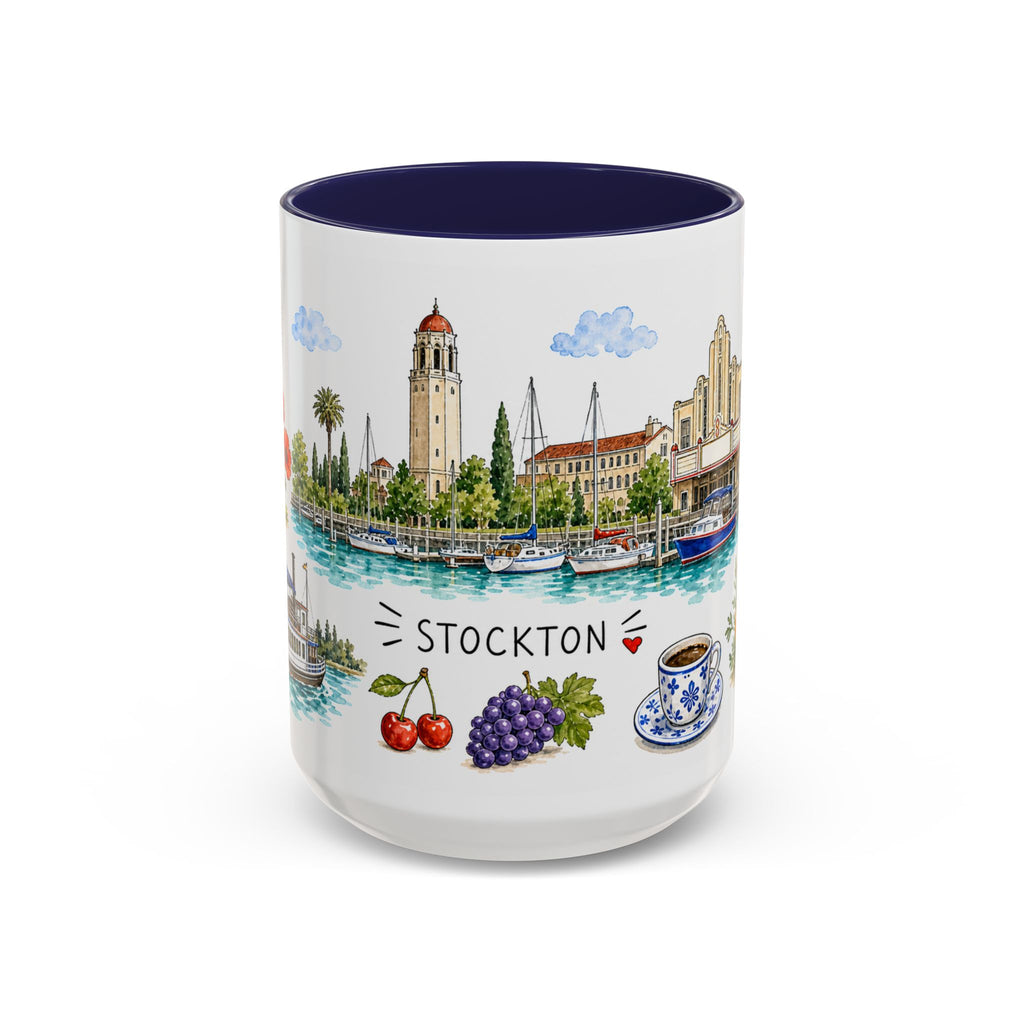 Stockton Illustrated Travel Mug | City Souvenir Accent Coffee Mug | 11oz 15oz Ceramic Cup