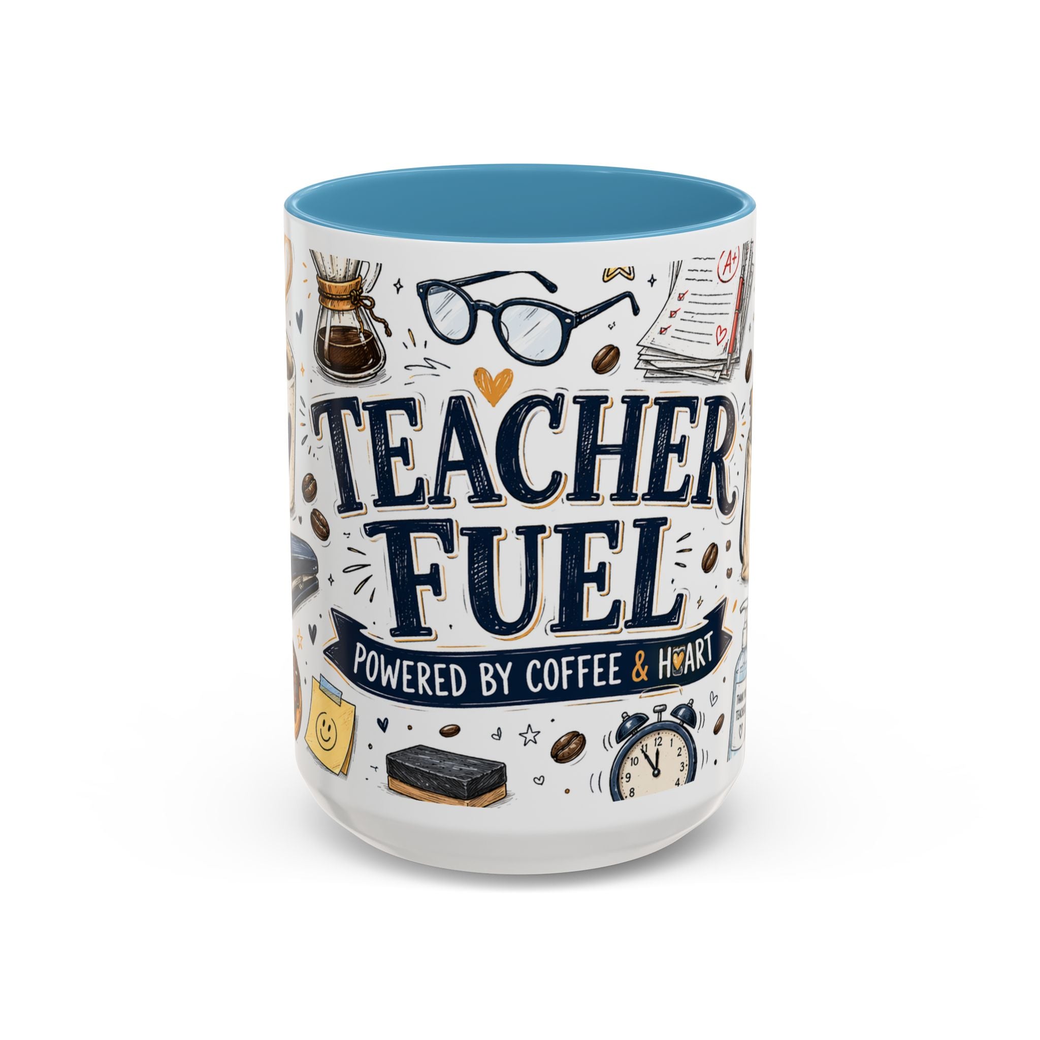 Teacher Fuel Coffee Mug | Powered by Coffee and Wine Funny Gift | Accent Color Ceramic 11oz 15oz