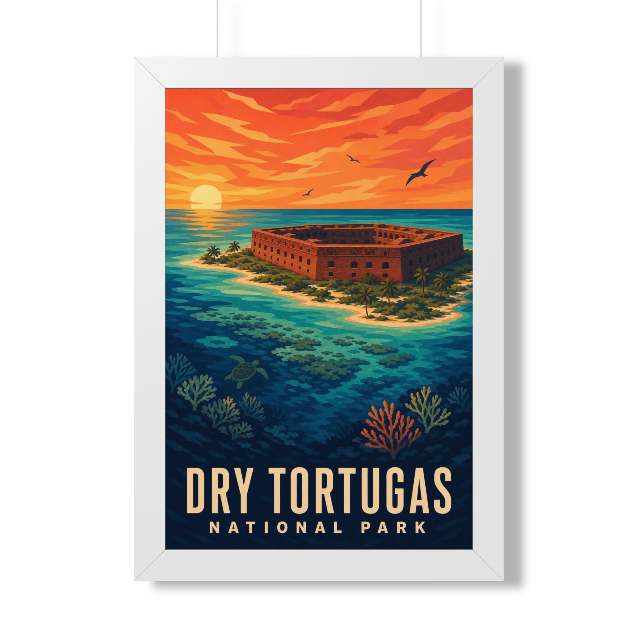 Dry Tortugas National Park Framed Poster | Vintage Travel Wall Art | Black Walnut White Frame | 16x24 20x30