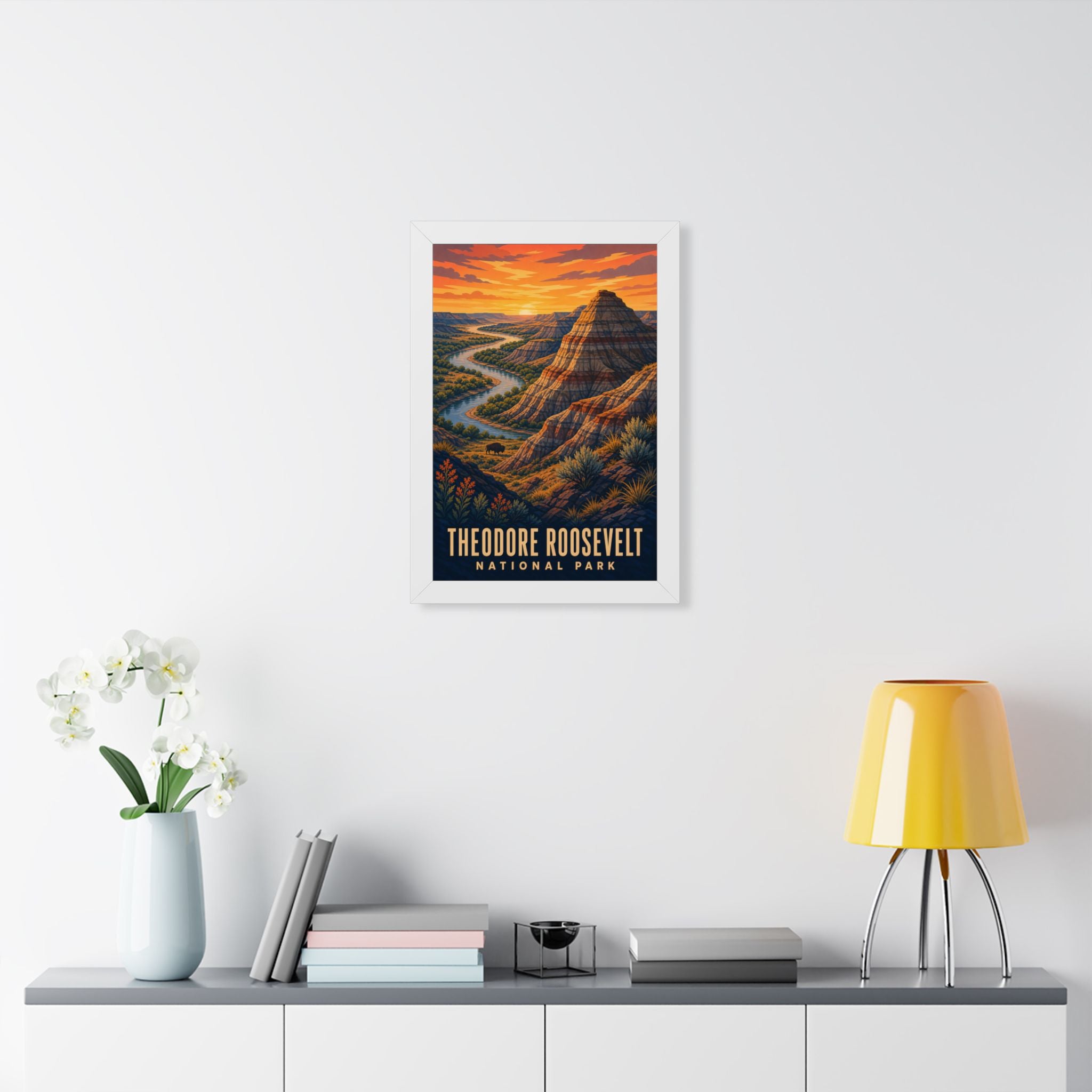Theodore Roosevelt National Park Framed Poster | Vintage Travel Wall Art | Black Walnut White Frame | 16x24 20x30
