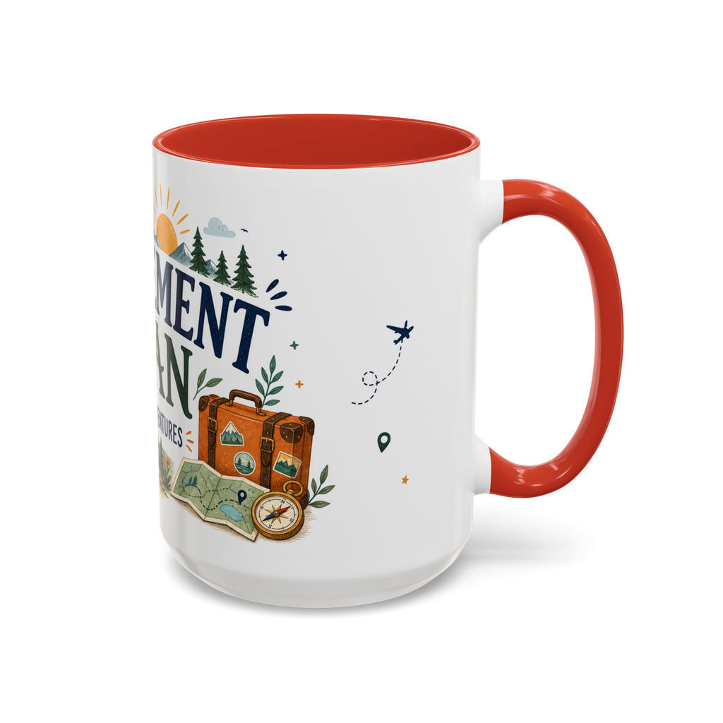 Retirement Plan Coffee And Adventures Mug | Travel Retirement Gift | Accent Color Ceramic 11oz 15oz