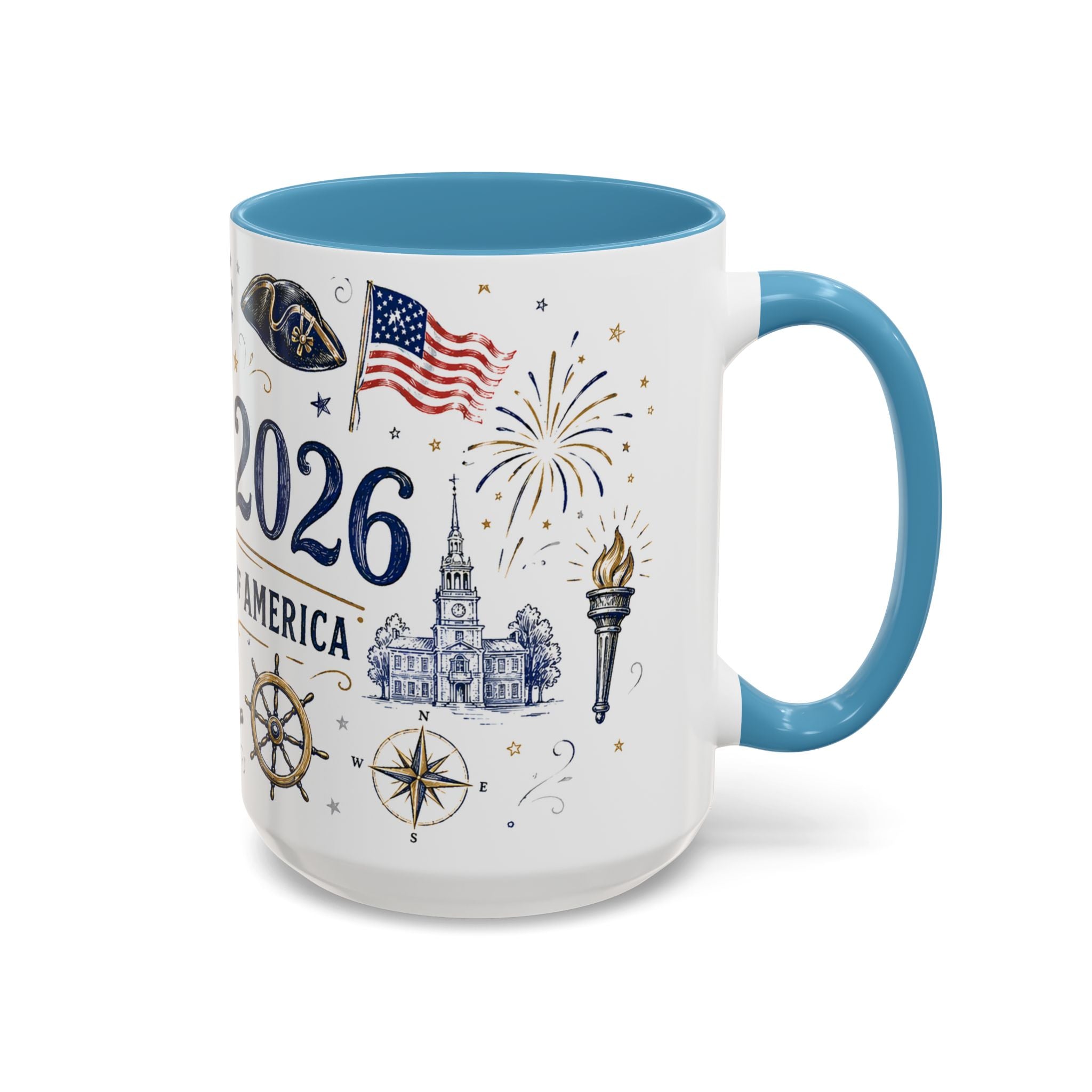 America 250 Coffee Mug | 1776-2026 Patriotic 4th of July Gift | Accent Color Ceramic 11oz 15oz