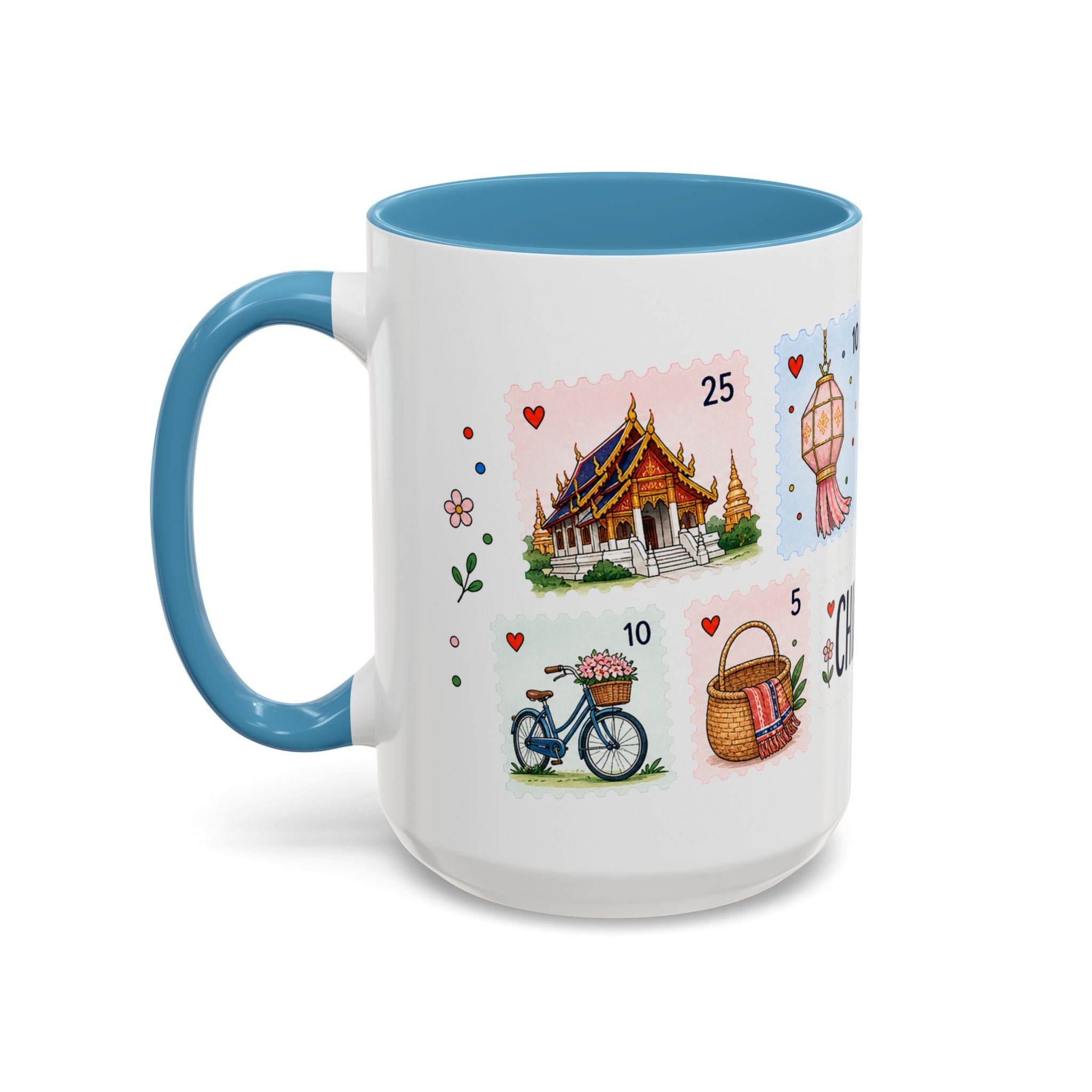 Chiang Mai Coffee Mug | Postage Stamp Collage Mug | Travel Souvenir Accent Cup 11oz 15oz