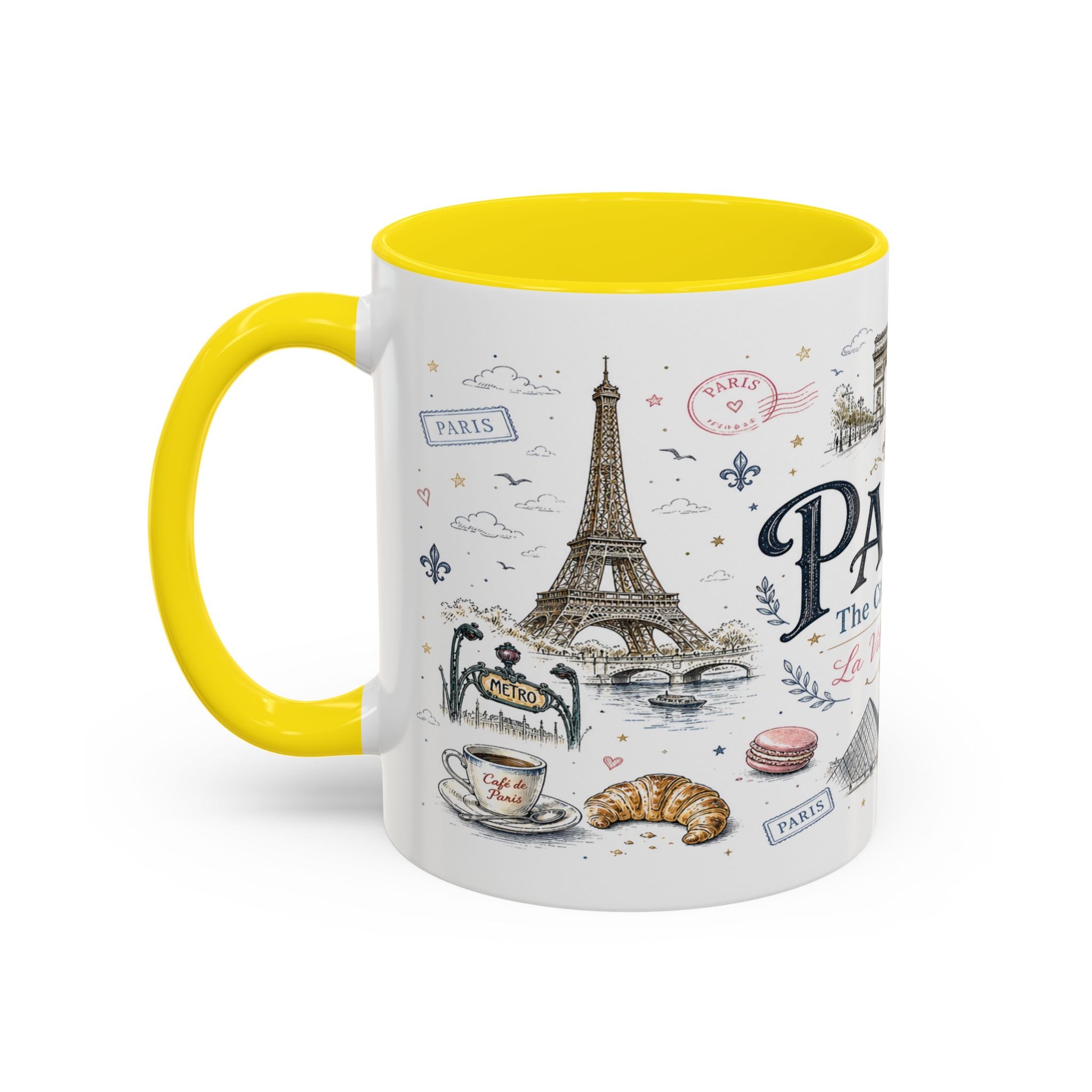 Paris Coffee Mug | France Souvenir Travel Gift | Accent Color Ceramic 11oz 15oz