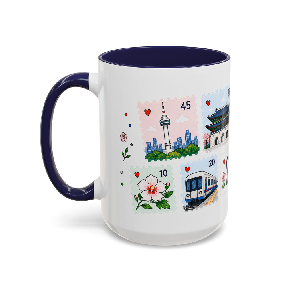 Seoul Coffee Mug | Postage Stamp Collage Mug | Travel Souvenir Accent Cup 11oz 15oz