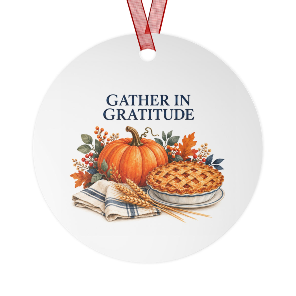 Front view of a round aluminum ornament with Thanksgiving artwork.