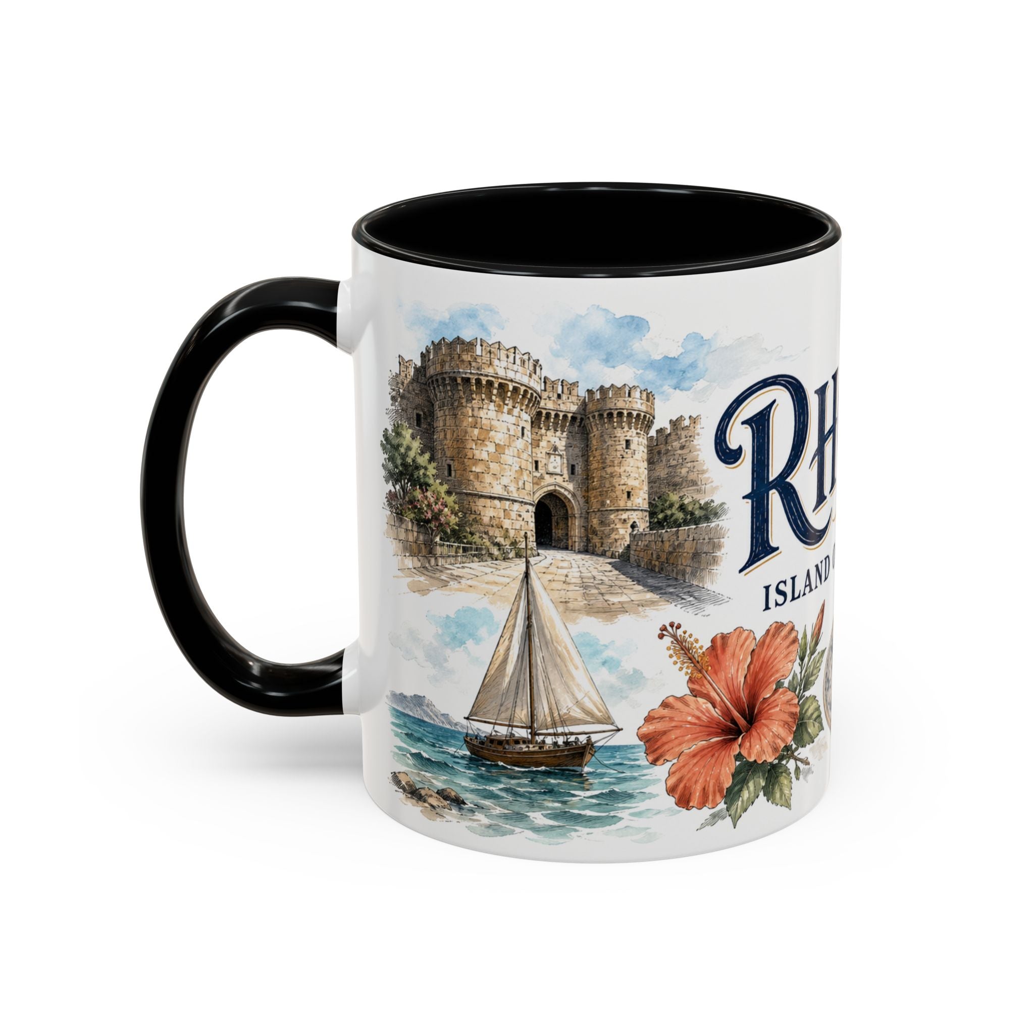 Rhodes Coffee Mug | Greece Travel Souvenir | Vintage Illustrated City Gift | 11 oz 15 oz Accent Mug