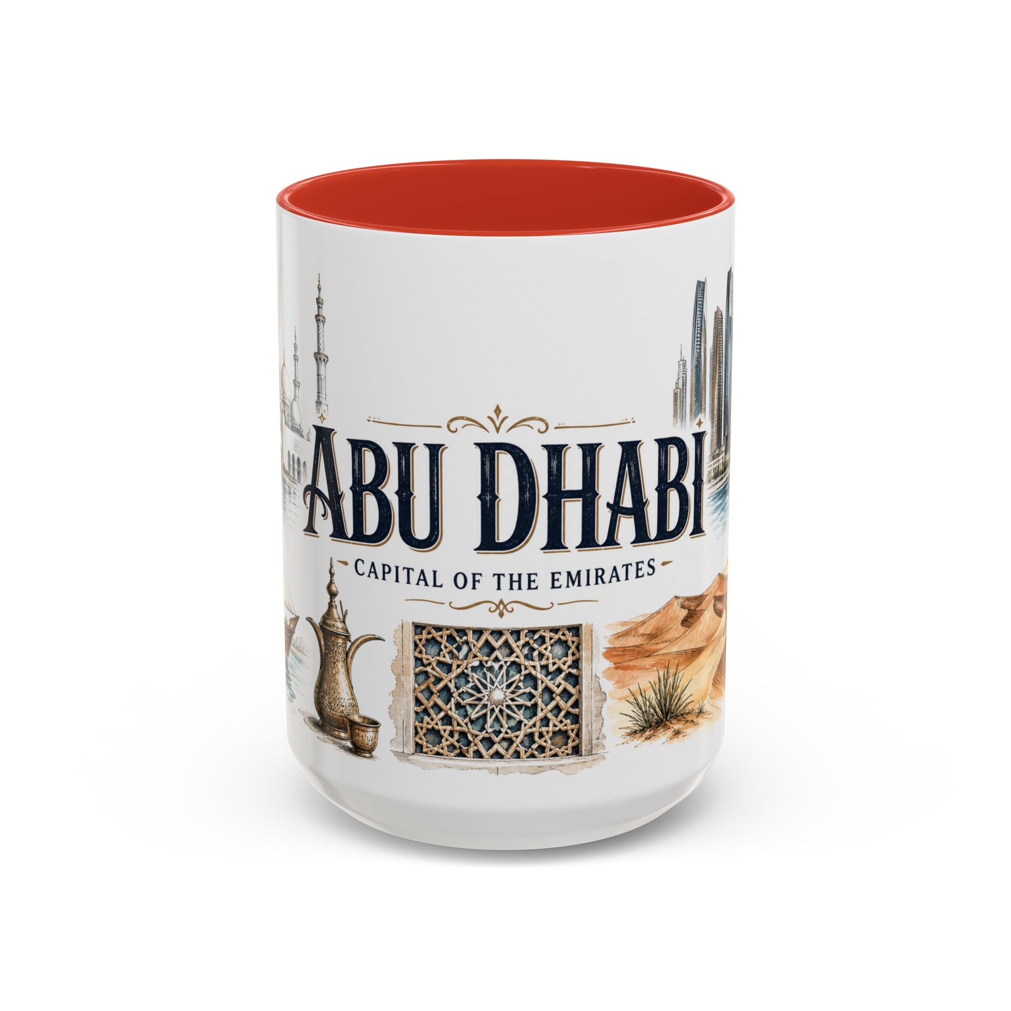 Abu Dhabi Coffee Mug | United Arab Emirates Travel Souvenir | Vintage Illustrated City Gift | 11 oz 15 oz Accent Mug