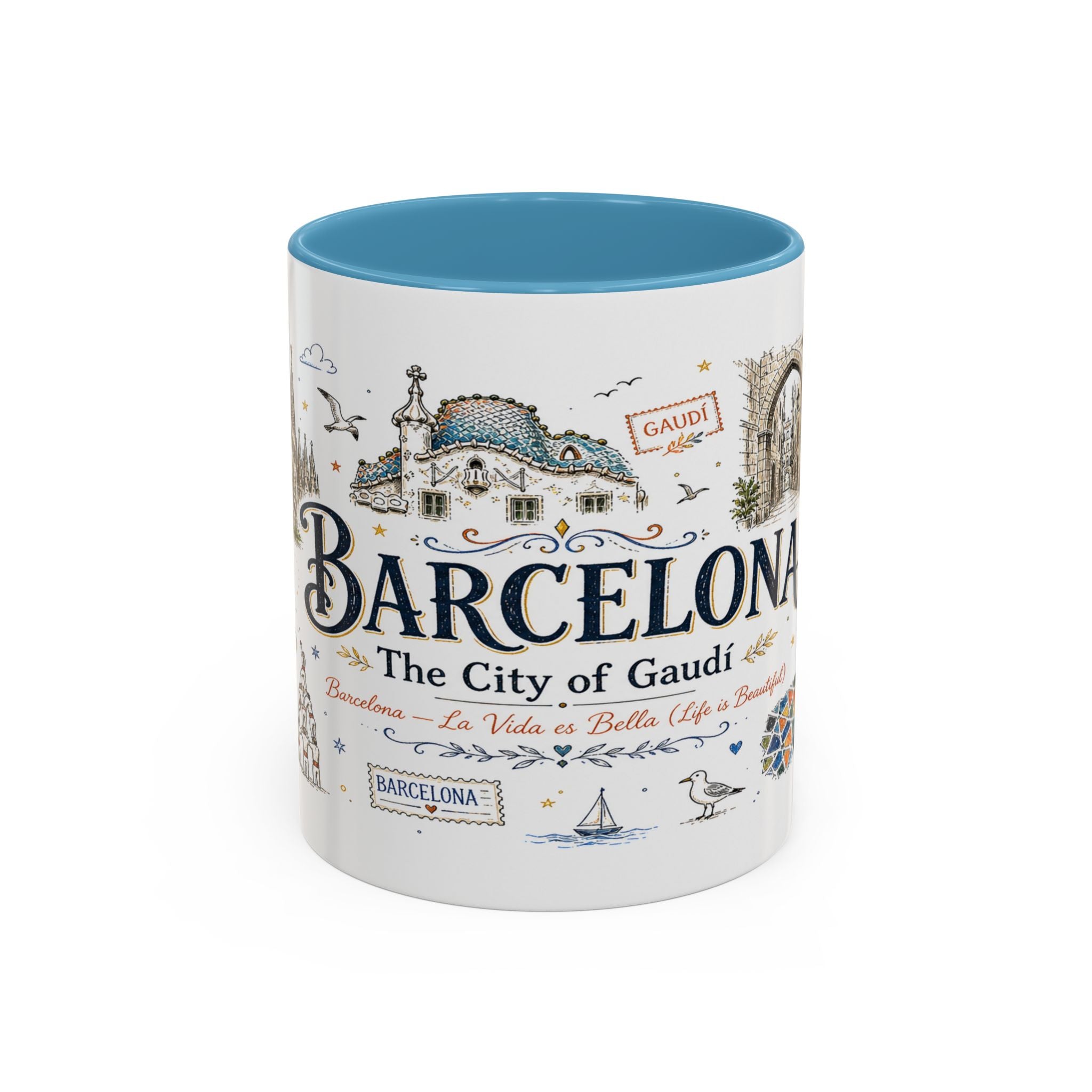 Barcelona Coffee Mug | Spain Souvenir Travel Gift | Accent Color Ceramic 11oz 15oz