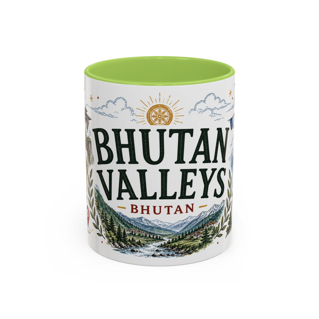 Bhutan Valleys Coffee Mug | Travel Destination Souvenir Gift | Accent Color Ceramic 11oz 15oz