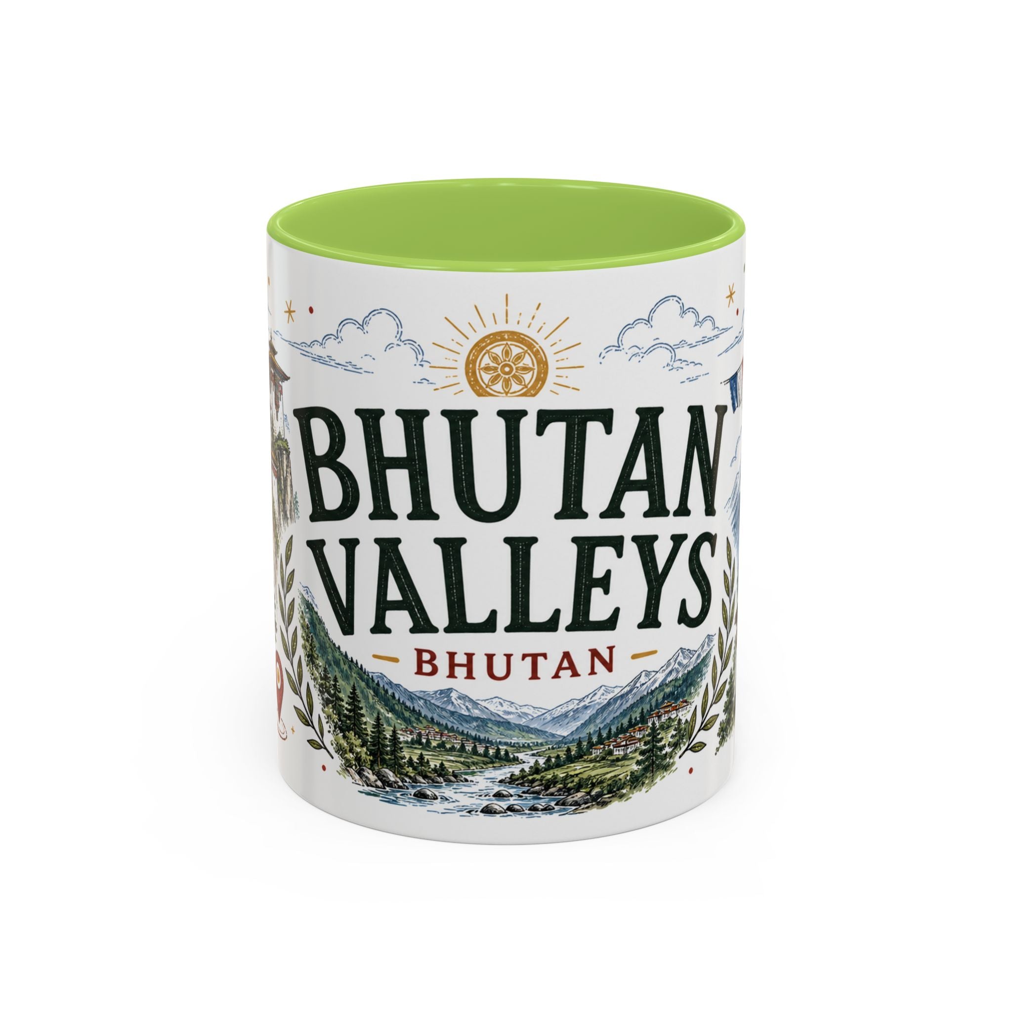 Bhutan Valleys Coffee Mug | Travel Destination Souvenir Gift | Accent Color Ceramic 11oz 15oz