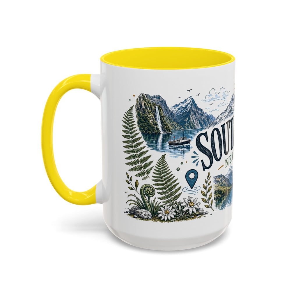 New Zealand South Island Coffee Mug | Travel Destination Souvenir Gift | Accent Color Ceramic 11oz 15oz