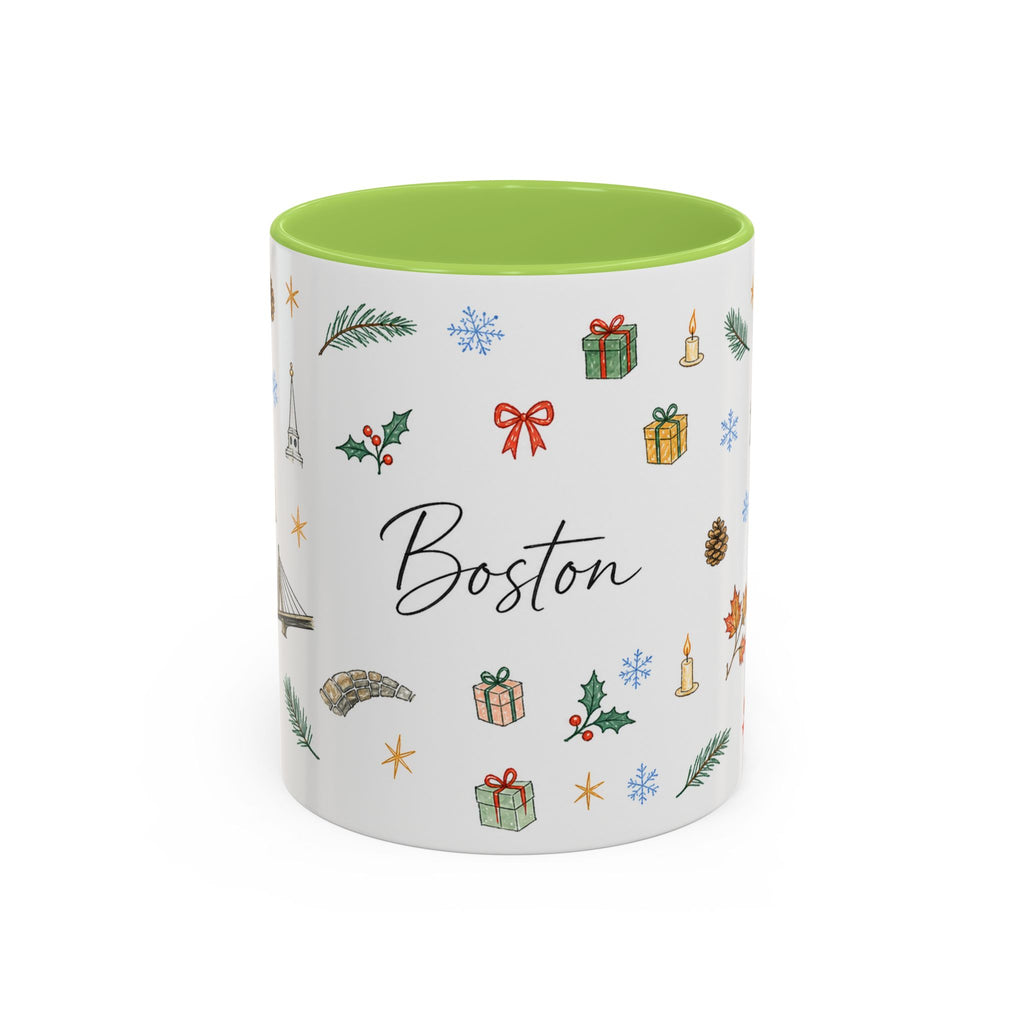 Boston Christmas Mug | Watercolor Travel Souvenir | Holiday Gift | Accent Ceramic Coffee Cup 11oz 15oz