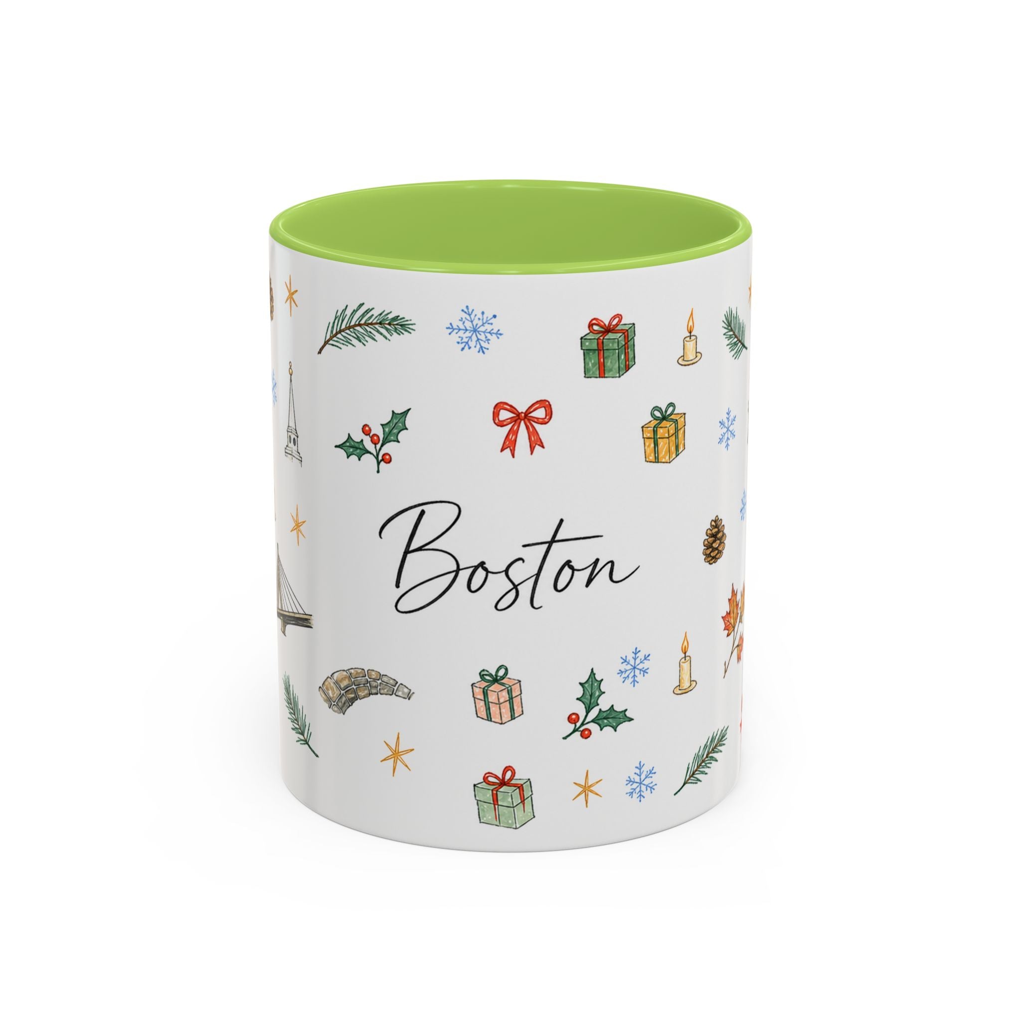 Boston Christmas Mug | Watercolor Travel Souvenir | Holiday Gift | Accent Ceramic Coffee Cup 11oz 15oz