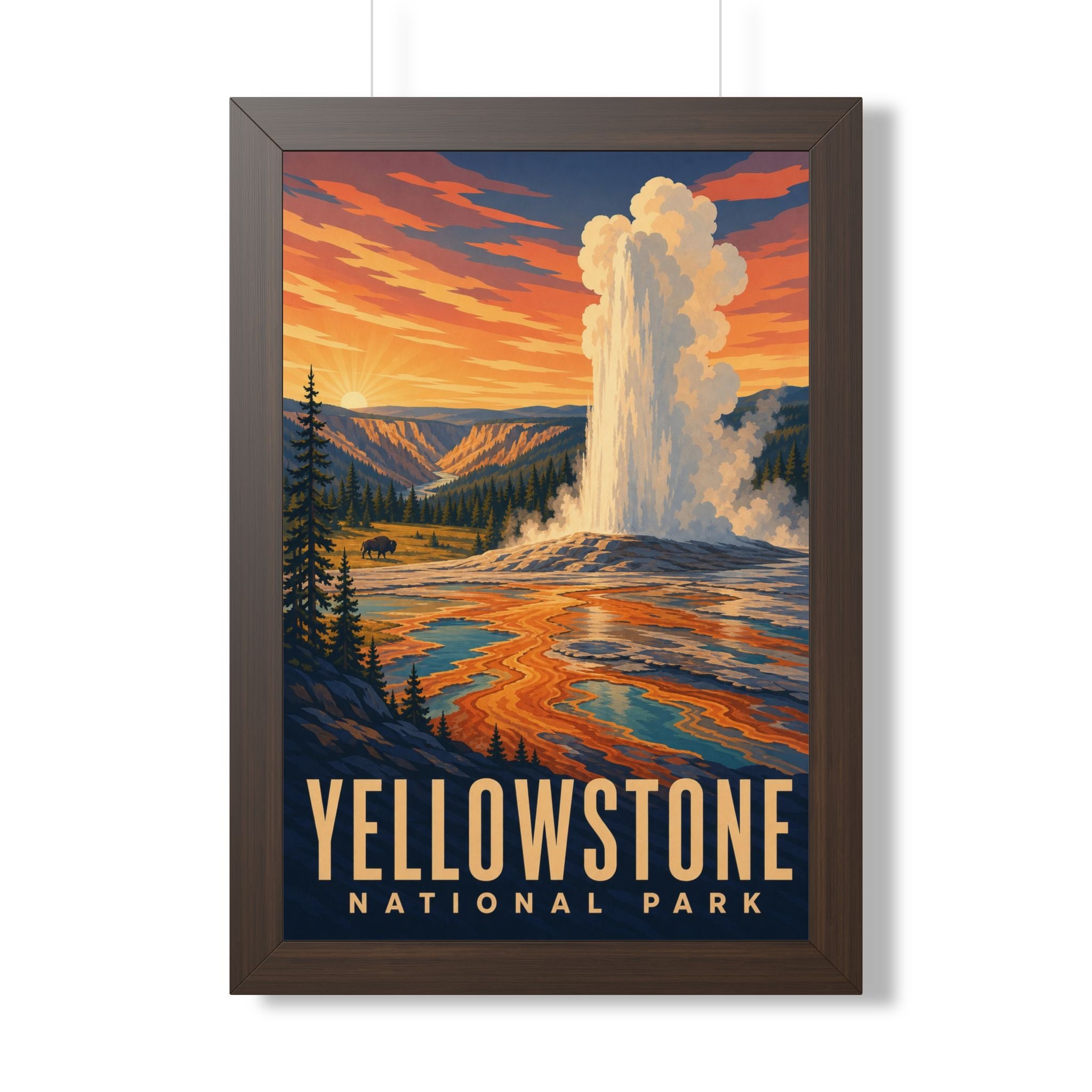 Yellowstone National Park Framed Poster | Vintage Travel Wall Art | Black Walnut White Frame | 16x24 20x30