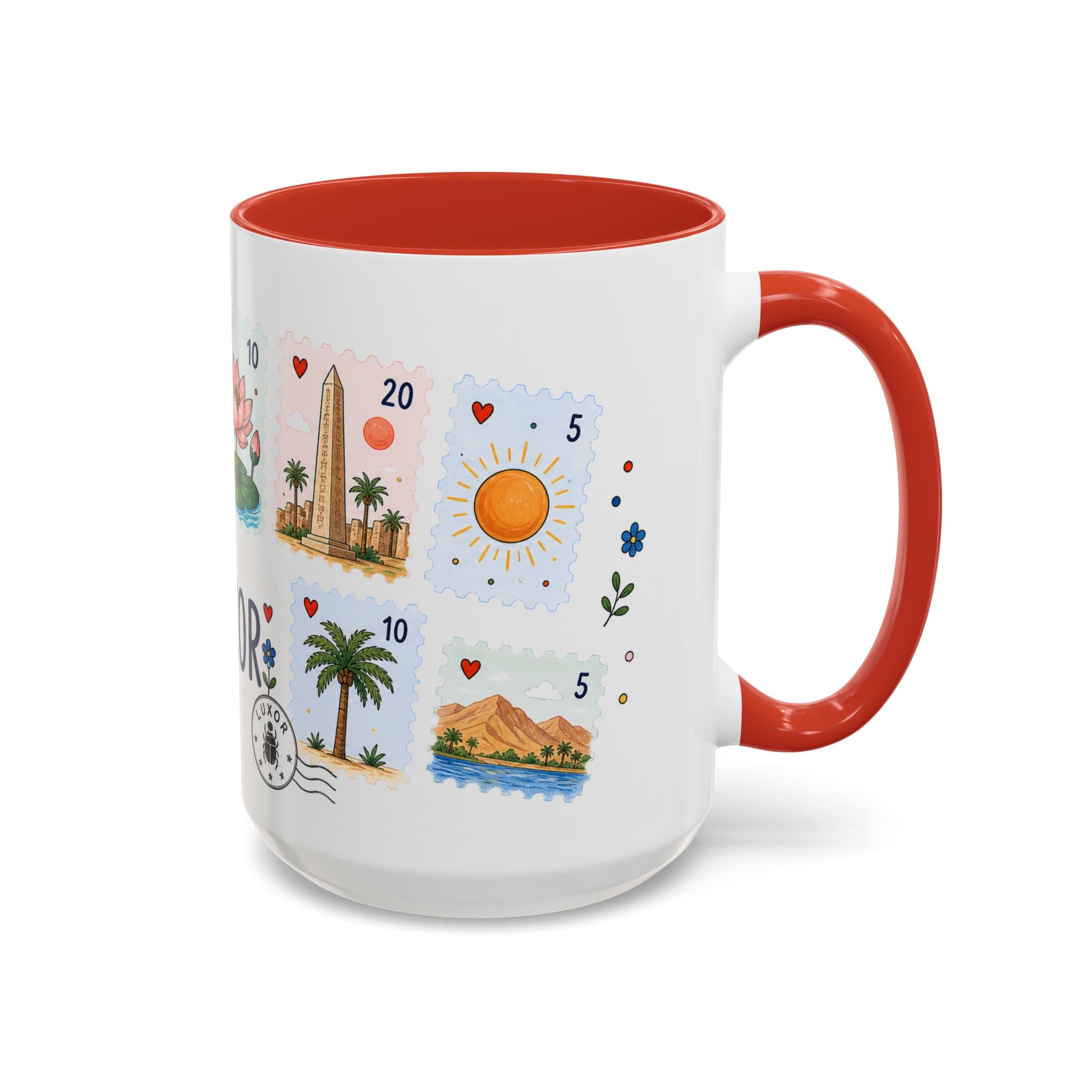 Luxor Coffee Mug | Postage Stamp Collage Mug | Travel Souvenir Accent Cup 11oz 15oz