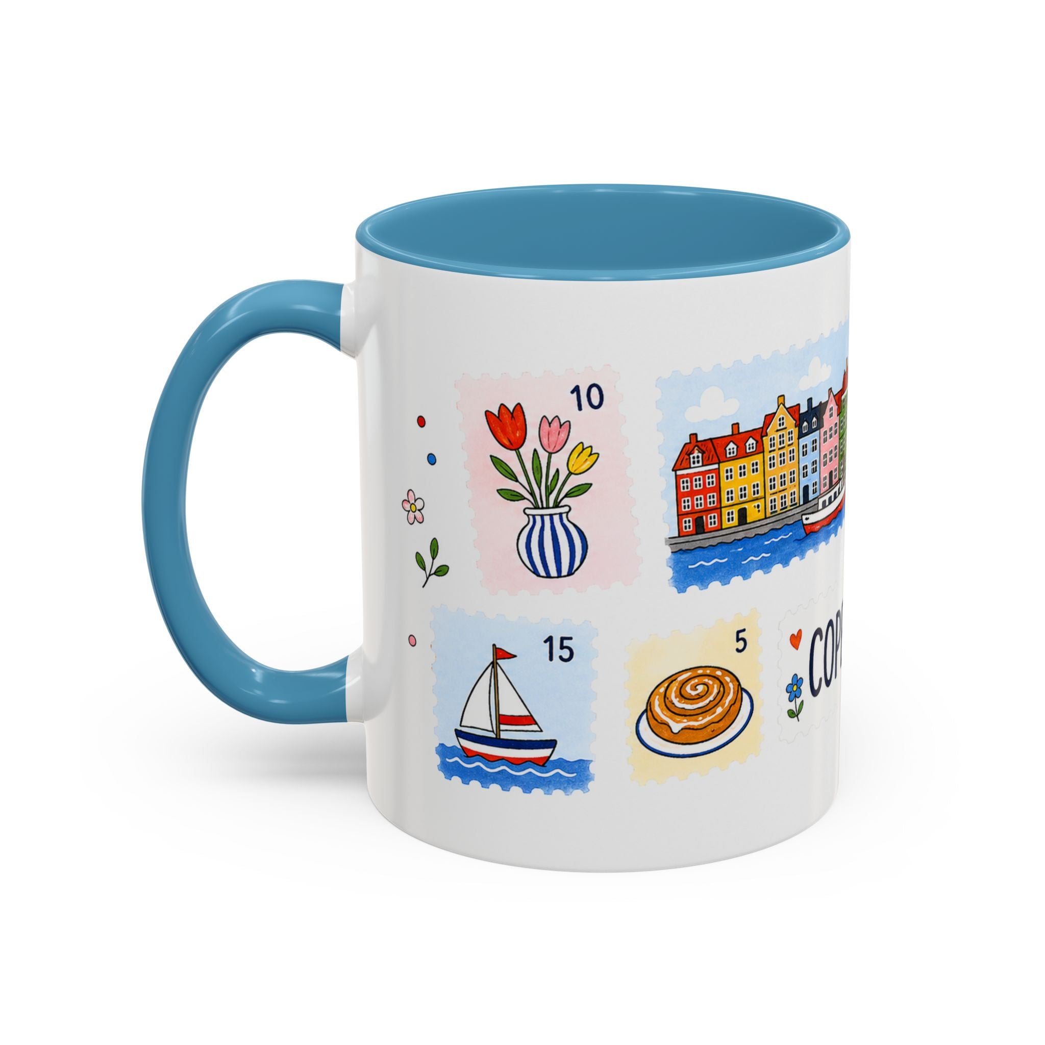 Copenhagen Coffee Mug | Postage Stamp Collage Mug | Travel Souvenir Accent Cup 11oz 15oz