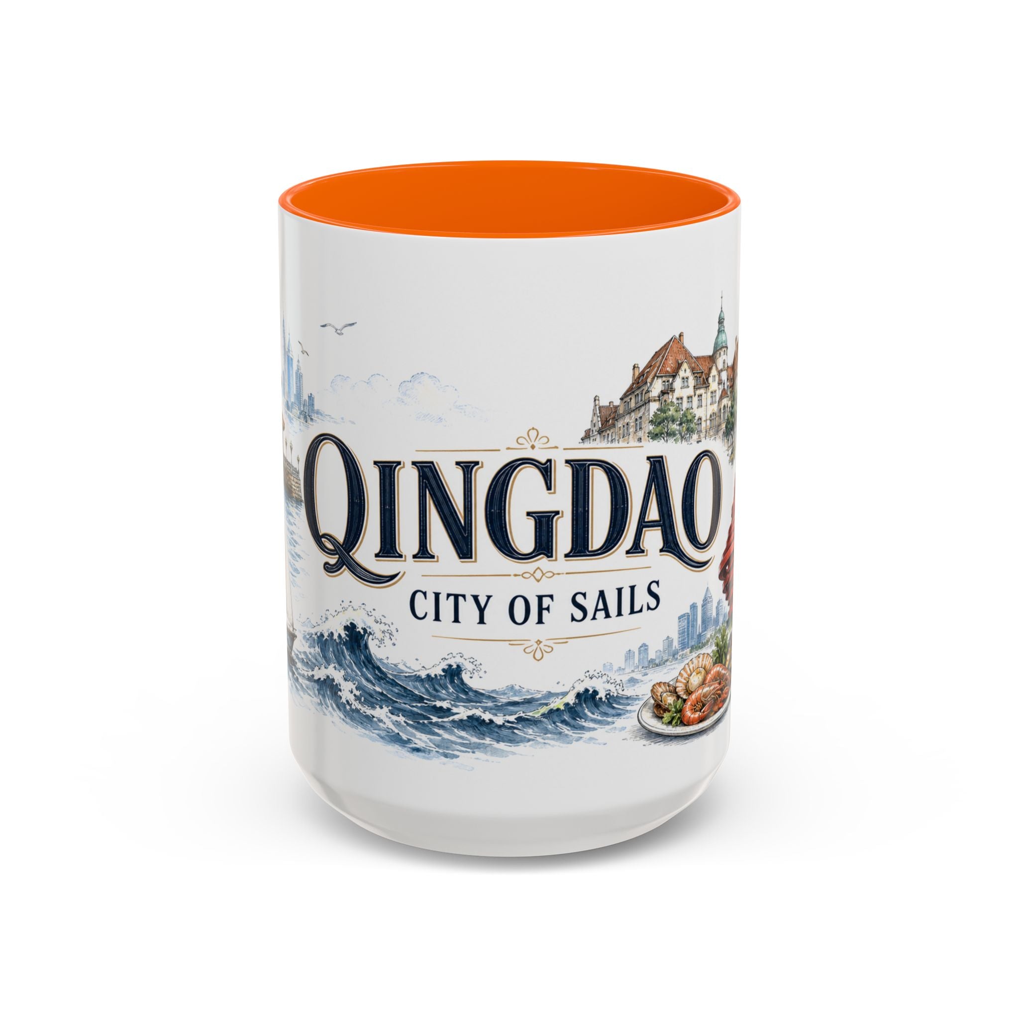Qingdao Coffee Mug | China Travel Souvenir | Vintage Illustrated City Gift | 11 oz 15 oz Accent Mug