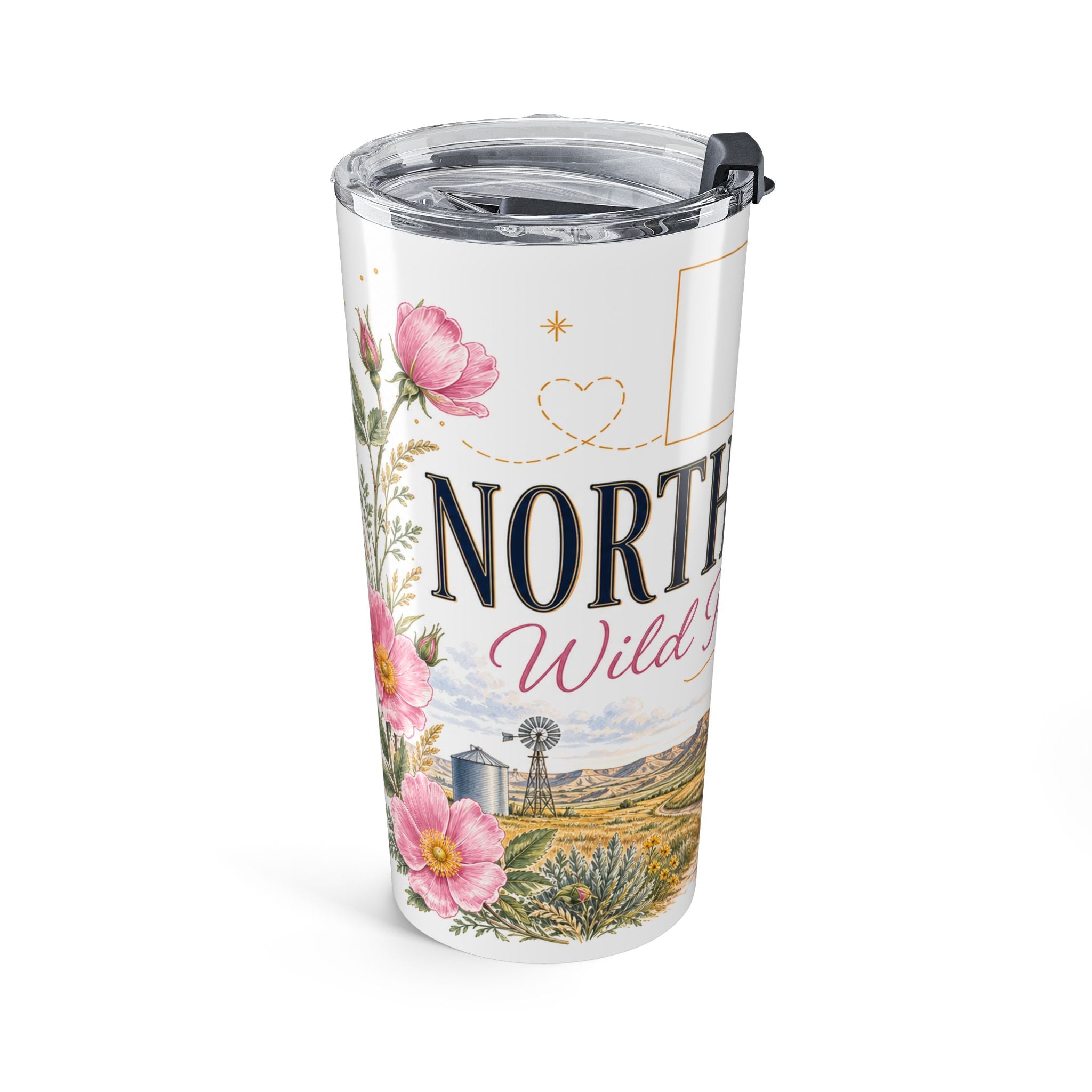 North Dakota State Flower 20oz Tumbler | Wild Prairie Rose Botanical State Flower Gift | Insulated Stainless Steel Travel Cup
