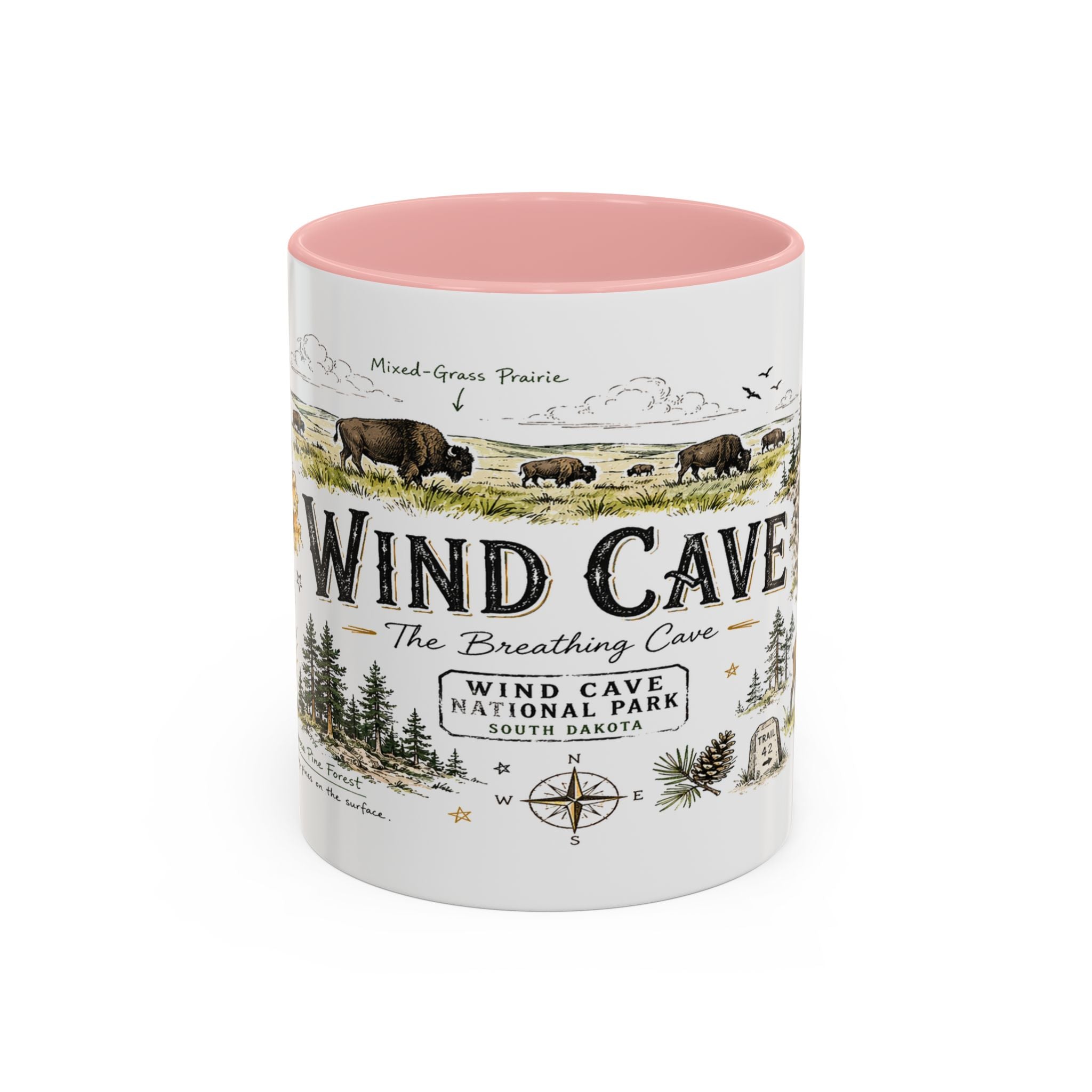Wind Cave National Park Coffee Mug | South Dakota Cave Bison Prairie Gift | Accent Color Ceramic 11oz 15oz