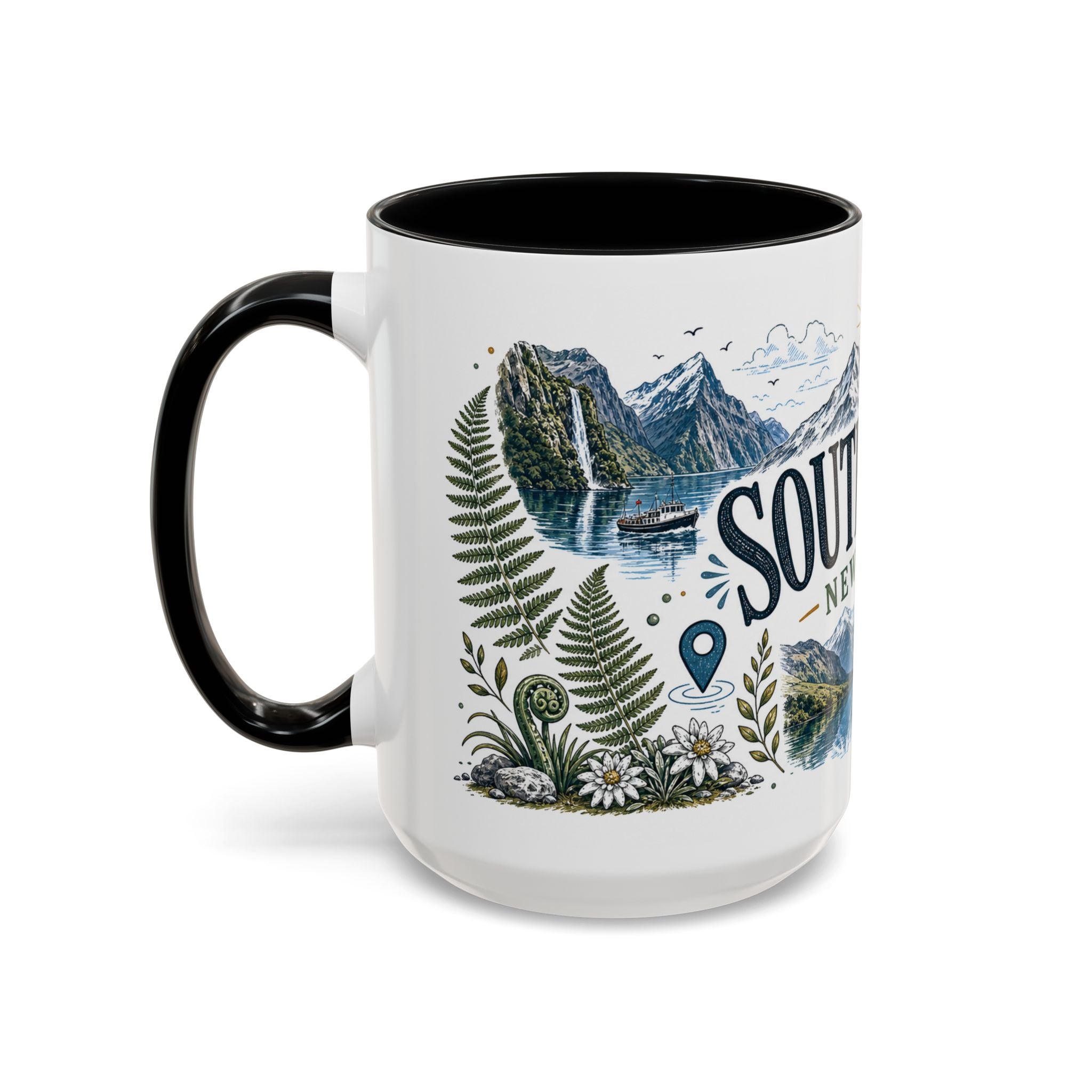 New Zealand South Island Coffee Mug | Travel Destination Souvenir Gift | Accent Color Ceramic 11oz 15oz