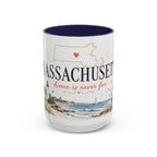 Massachusetts State Map Mug | Coastal Scene, Botanical Accents (11oz, 15oz)