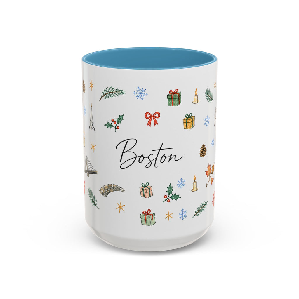 Boston Christmas Mug | Watercolor Travel Souvenir | Holiday Gift | Accent Ceramic Coffee Cup 11oz 15oz