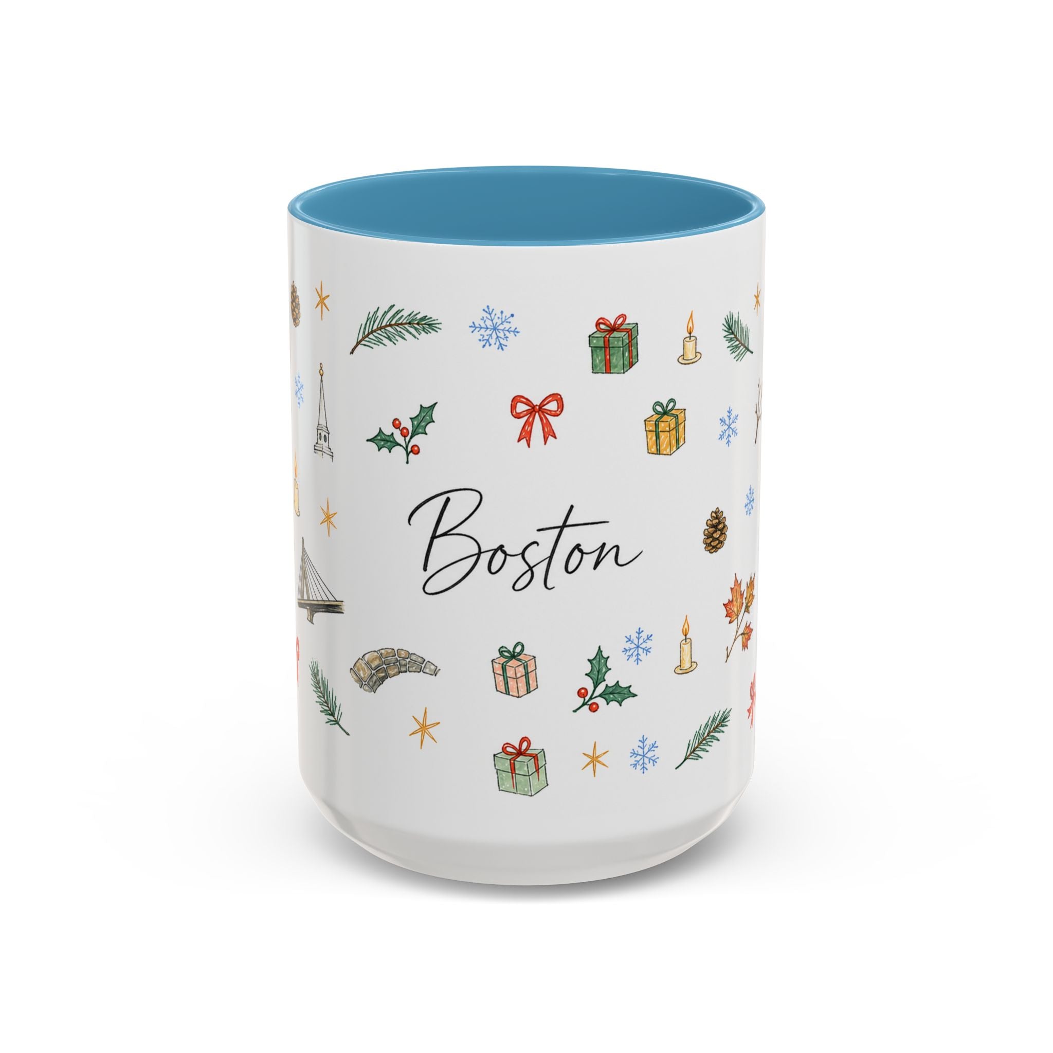 Boston Christmas Mug | Watercolor Travel Souvenir | Holiday Gift | Accent Ceramic Coffee Cup 11oz 15oz