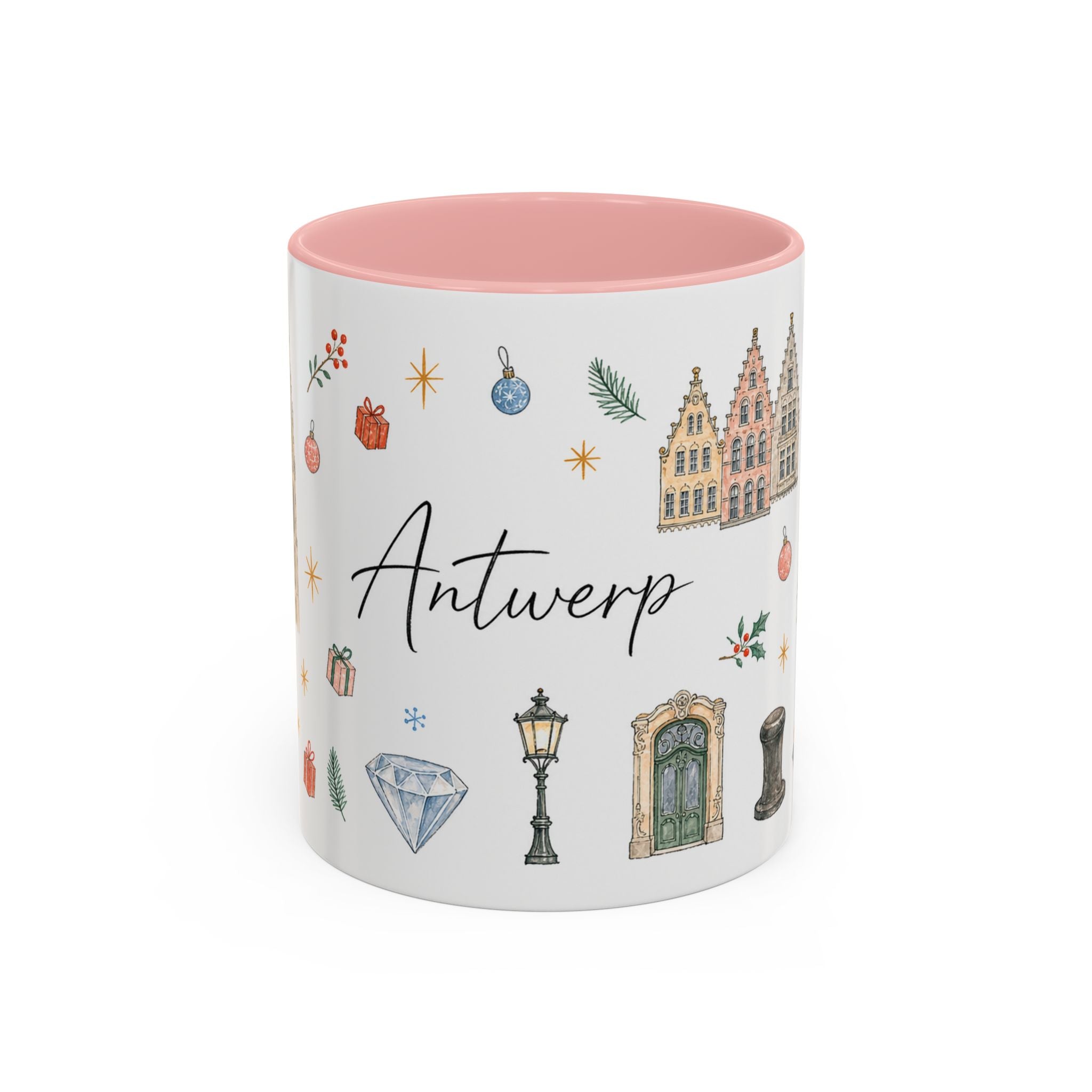 Antwerp Christmas Mug | Watercolor Travel Souvenir | Holiday Gift | Accent Ceramic Coffee Cup 11oz 15oz