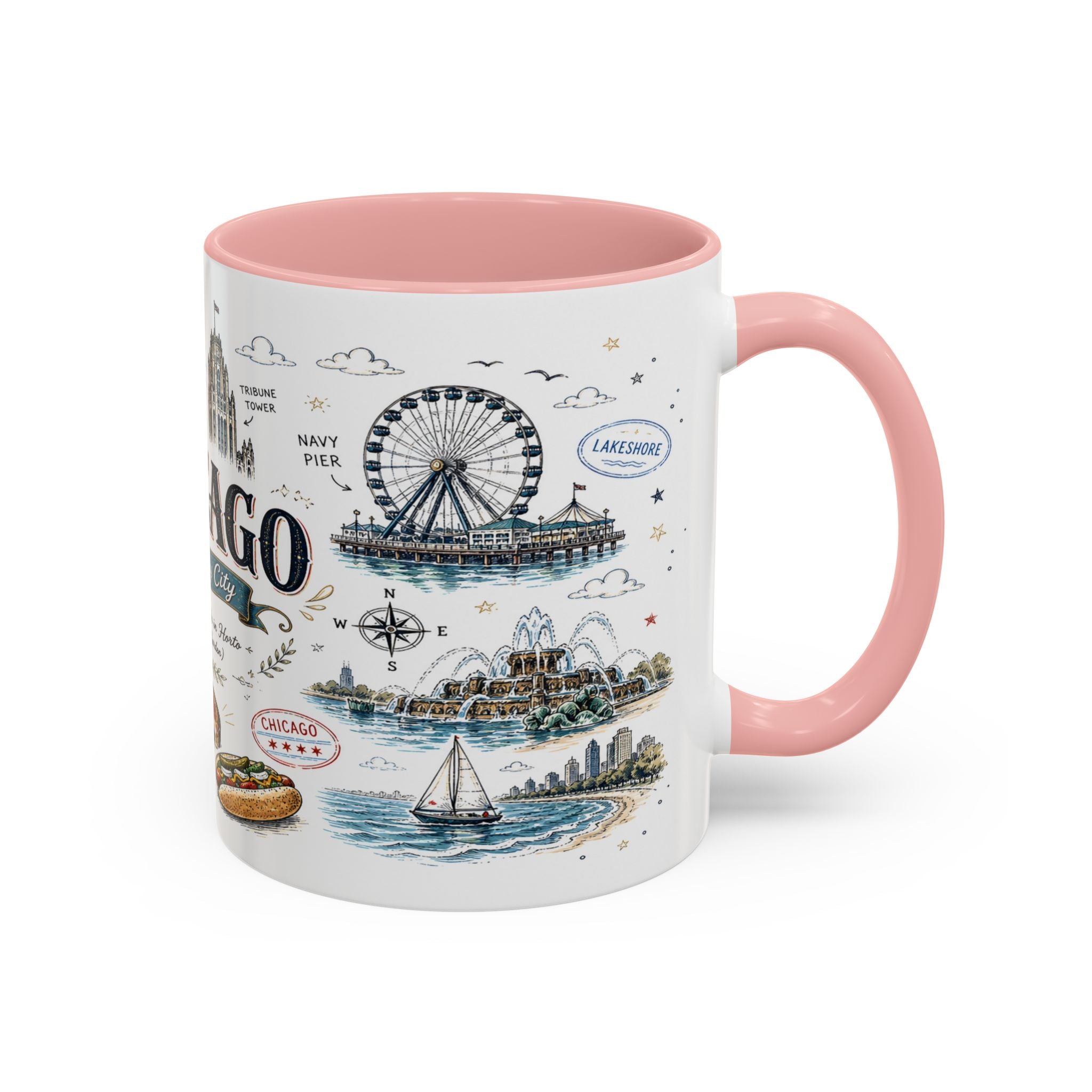 Chicago Coffee Mug | Illinois Souvenir City Gift | Accent Color Ceramic 11oz 15oz