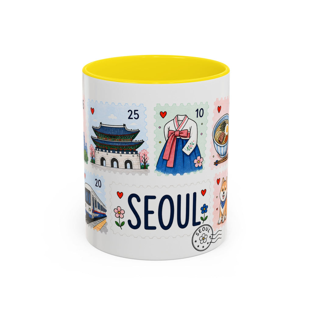 Seoul Coffee Mug | Postage Stamp Collage Mug | Travel Souvenir Accent Cup 11oz 15oz